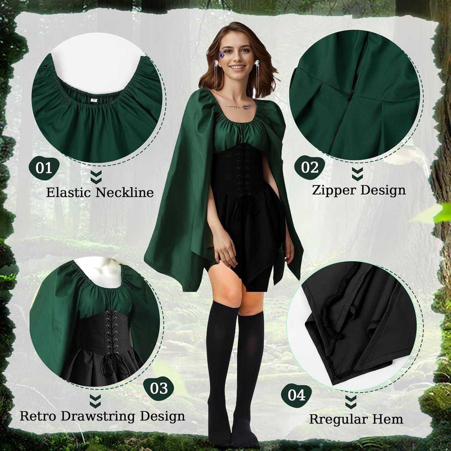 Eine Frau präsentiert ein grünes Kleid mit Umhang und schwarzem Korsettgürtel. Einschübe heben hervor: ‚Elastischer Ausschnitt', ‚Reißverschlussdesign', ‚Retro-Kordelzugdesign' und ‚Regulärer Saum'.