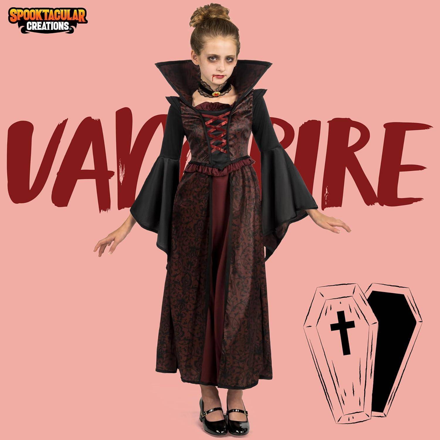 Ein junges Mädchen in einem klassischen Vampirkostüm steht vor einem rosa Hintergrund. Das Wort ‚Vampire' steht in fetten roten Buchstaben, mit einer Sargillustration in der Nähe.