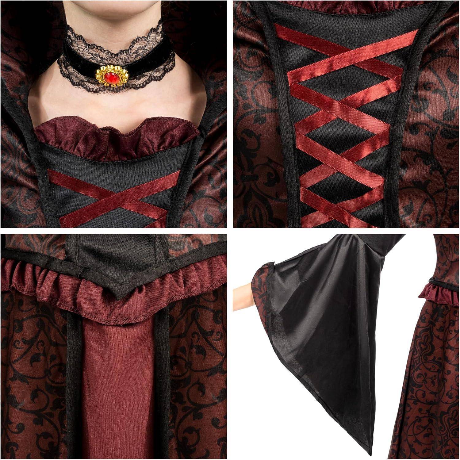 Vier Bilder, die Details eines braunen und roten gotischen Kleides zeigen: ein Spitzenhalsband mit Edelstein, Korsett-Schnürung, gemusterter Stoff und ein schwarzer Glockenärmel.