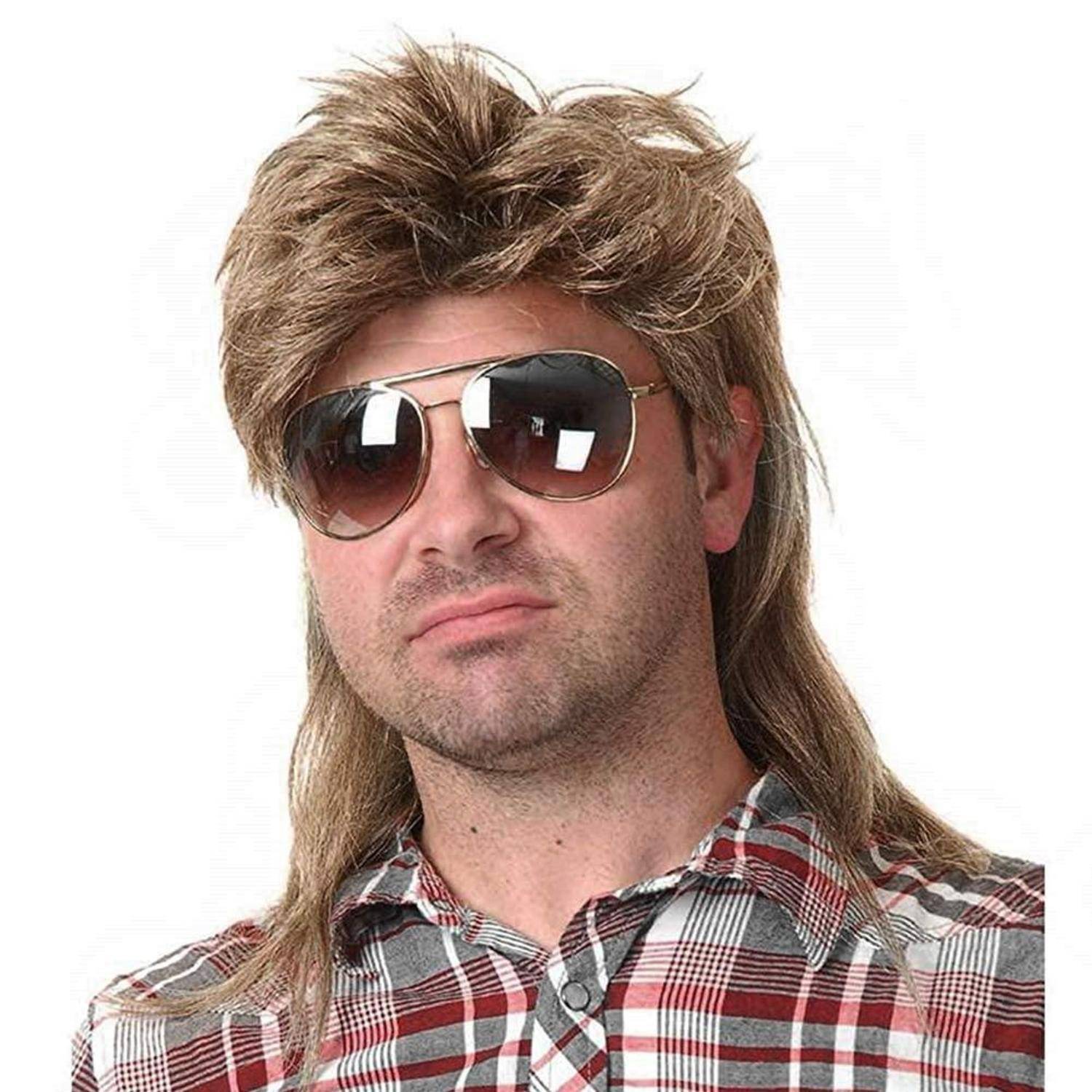 Herren Perücke Hellbraun Vokuhila 80er Mullet Lang Cosplay Halloween