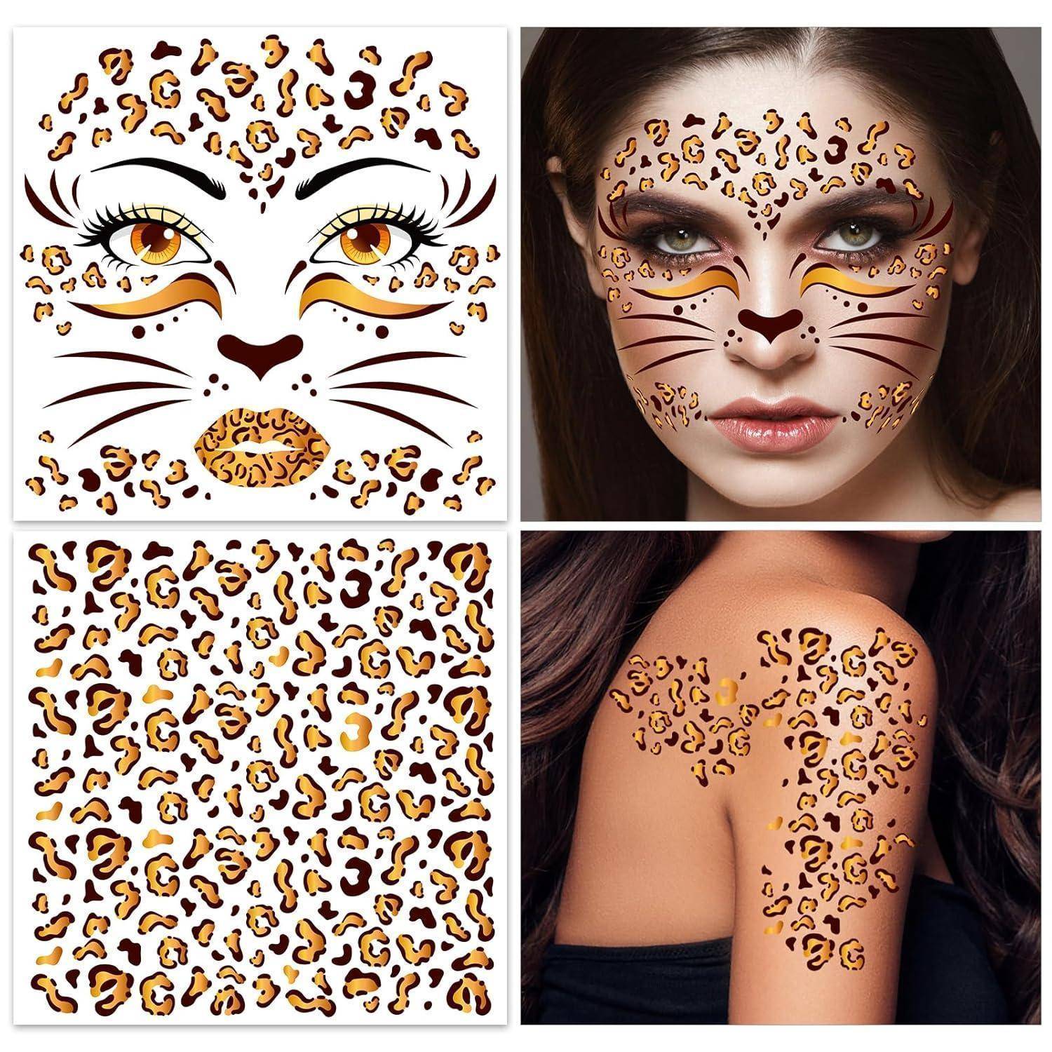 Gesichtstattoo Leopard temporäre 4 Bogen Karneval Halloween mehrfarbig