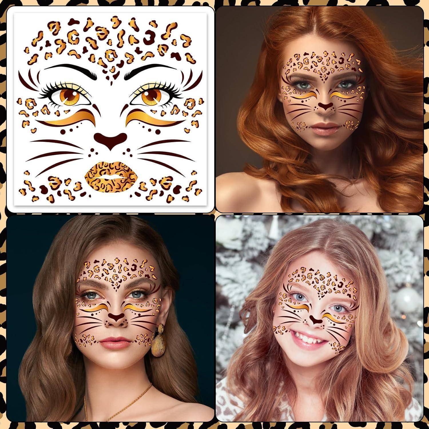 Gesichtstattoo Leopard temporäre 4 Bogen Karneval Halloween mehrfarbig