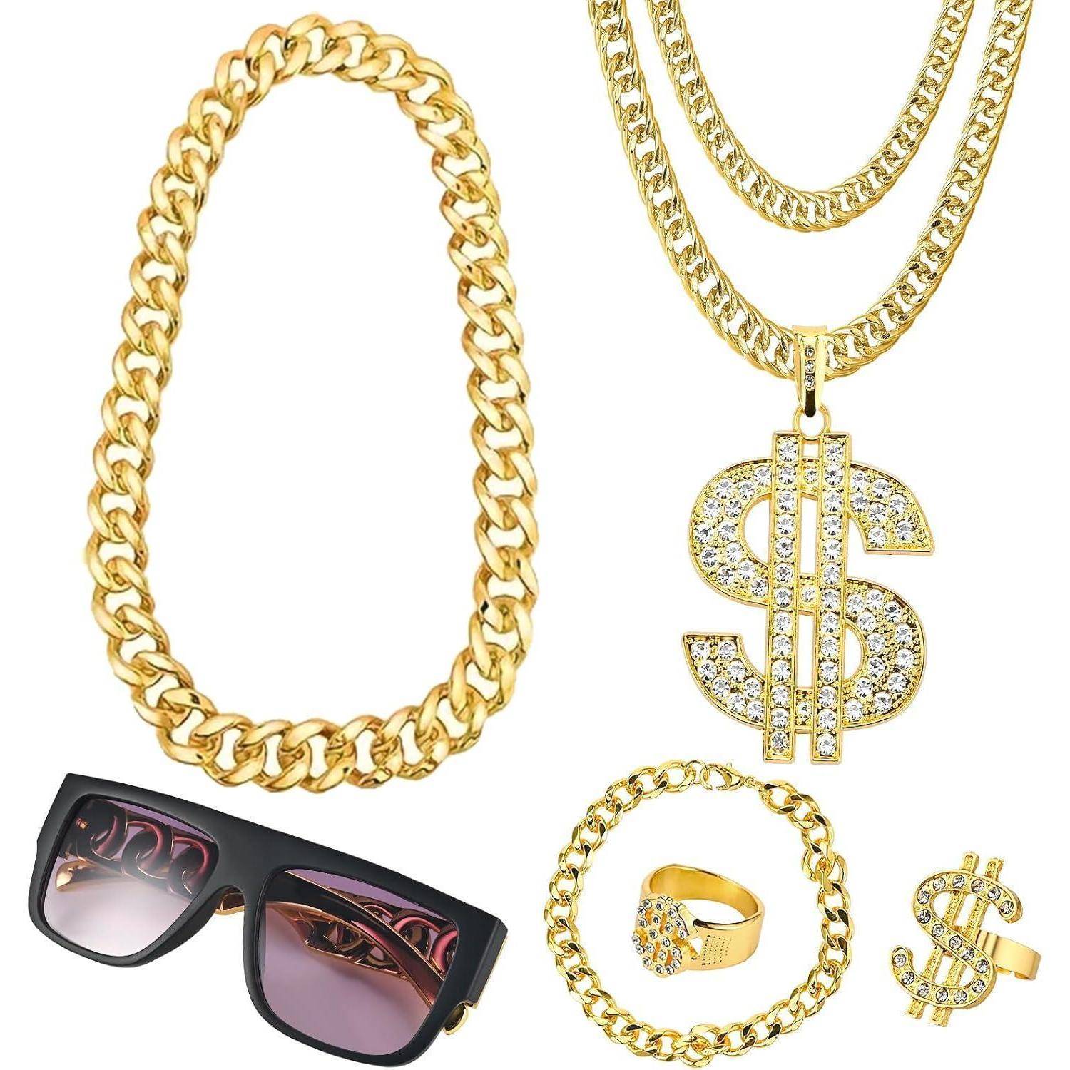 Kostüm Zuhälter Rapper 80er 90er Herren Damen Goldkette 6pcs 6 Stück