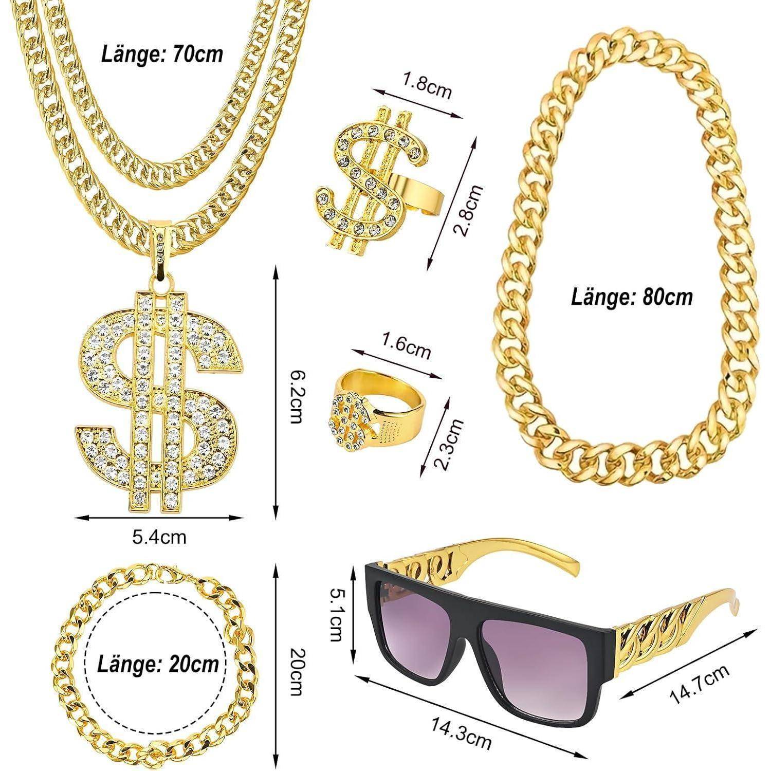 Kostüm Zuhälter Rapper 80er 90er Herren Damen Goldkette 6pcs 6 Stück