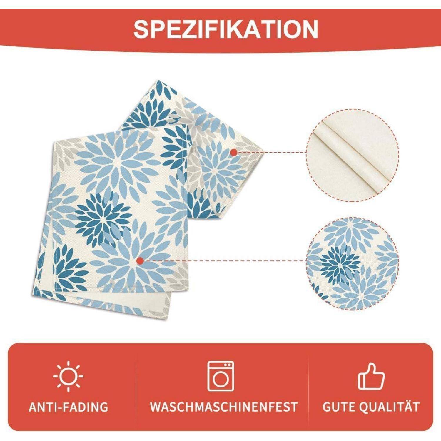 Spezifikation': Zwei gefaltete Stoffstücke mit blauem Blumenmuster und roten Akzenten. Einlagen zeigen Strukturdetails. Symbole unten: farbecht, maschinenwäschetauglich, hochwertig.