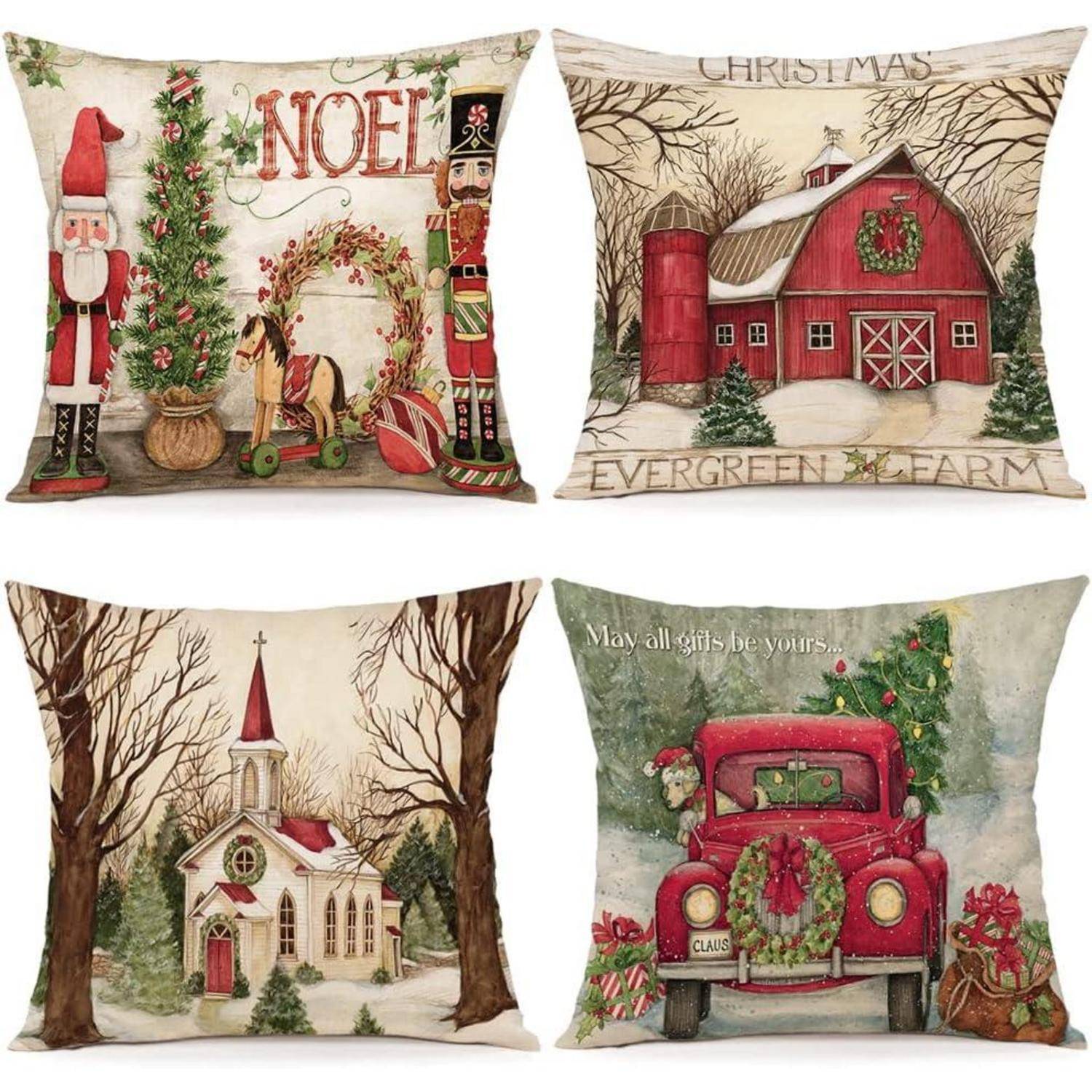 Vier festliche Zierkissen mit Feiertagsmotiven: Nussknacker und Tannenbaum, Scheune, Kirche im Winter und Vintage-Truck mit dem Text „Mögen alle Geschenke dir gehören