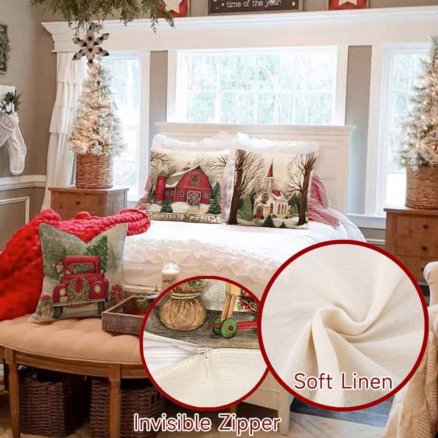 Ein gemütliches Schlafzimmer mit festlicher Weihnachtsdekoration, das Kissen mit Scheune und Truck-Motiven auf einem Bett zeigt, umgeben von winterlichen Dekorationen.