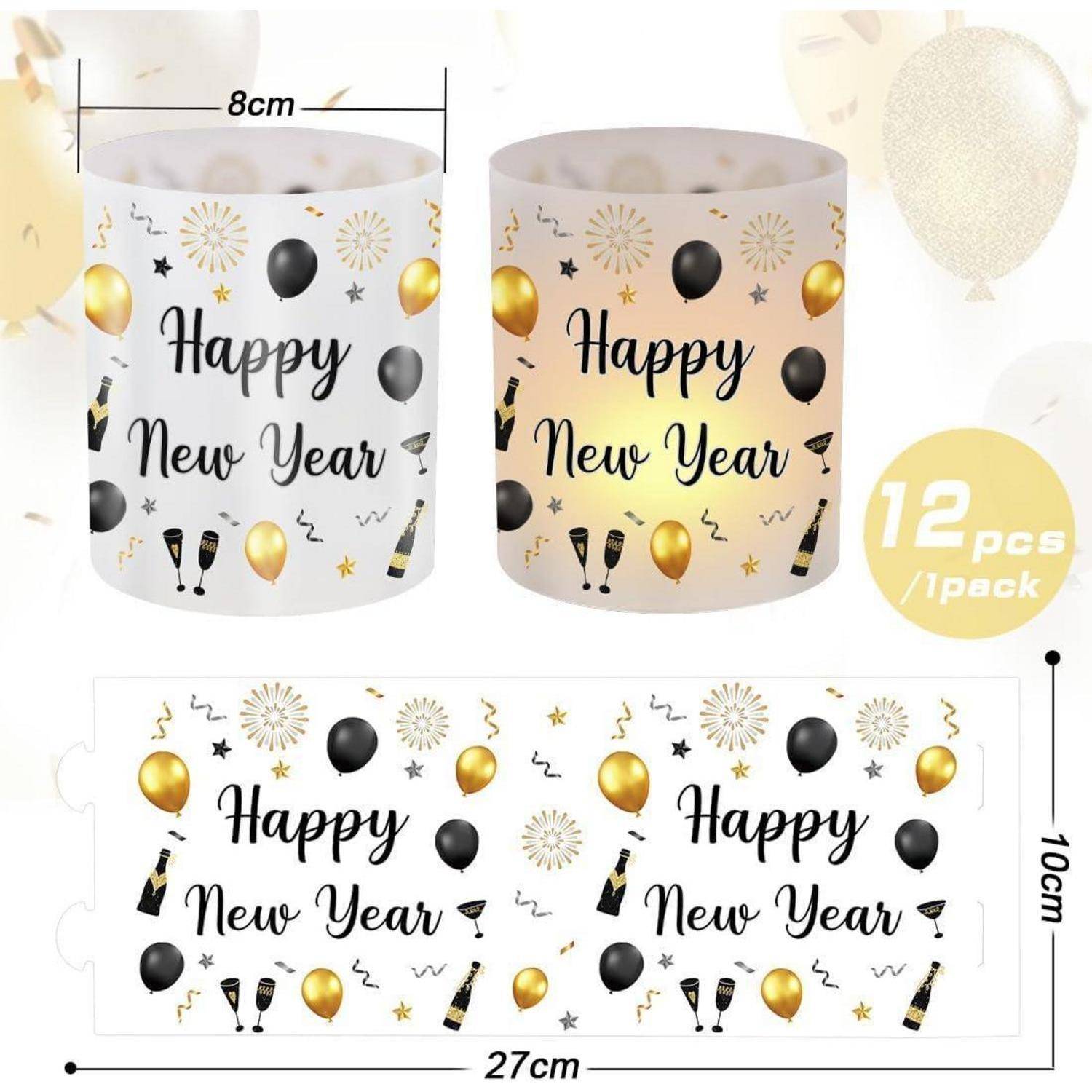 Zwei Kerzenhalter mit 'Happy New Year' Text, Luftballons und Champagner-Illustrationen. Inklusive Maße und Set mit 12 Stück.