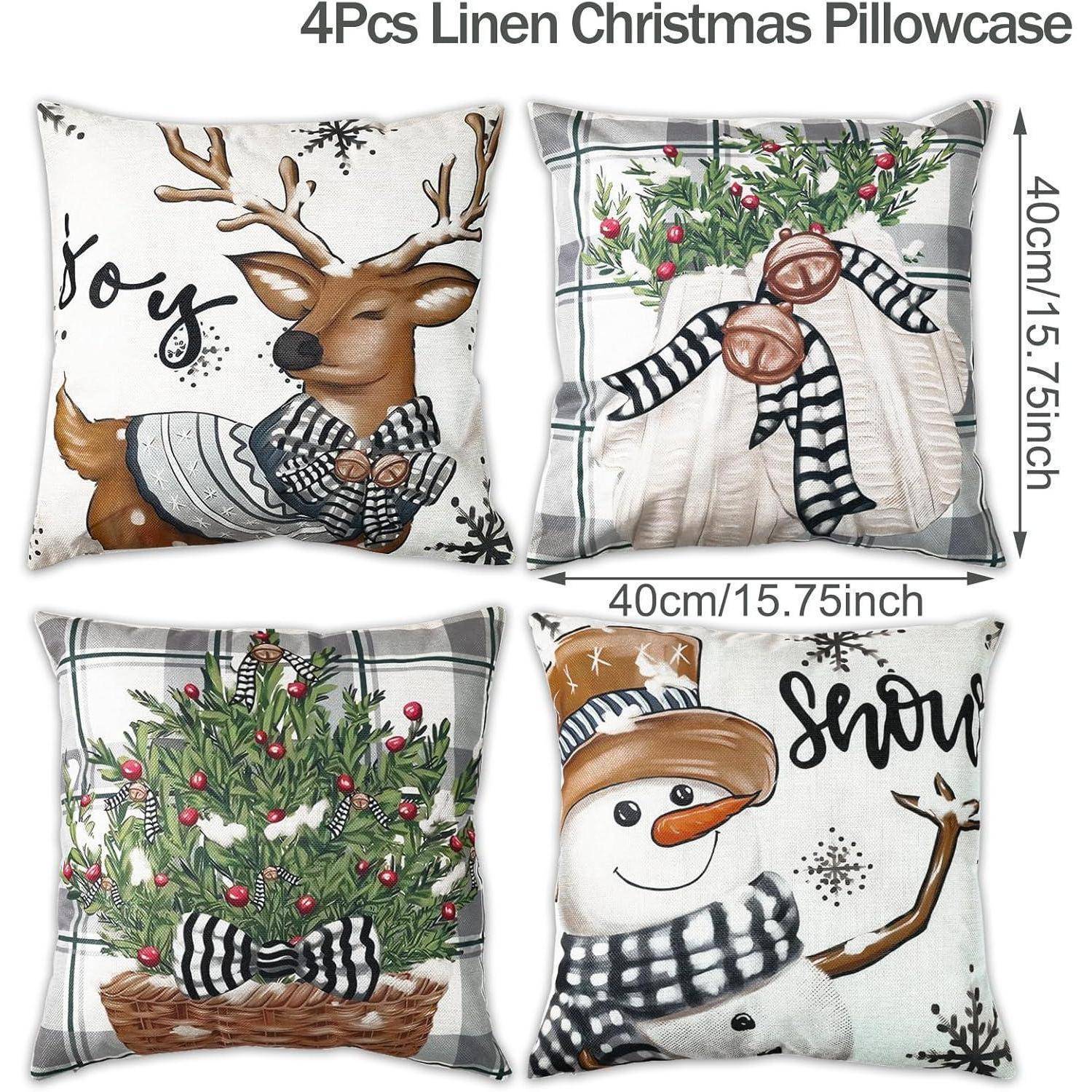 4-teiliges Leinen-Weihnachtskissenbezug-Set mit Motiven von einem Rentier, festlichen Dekorationen, einem Weihnachtsbaum und einem Schneemann.