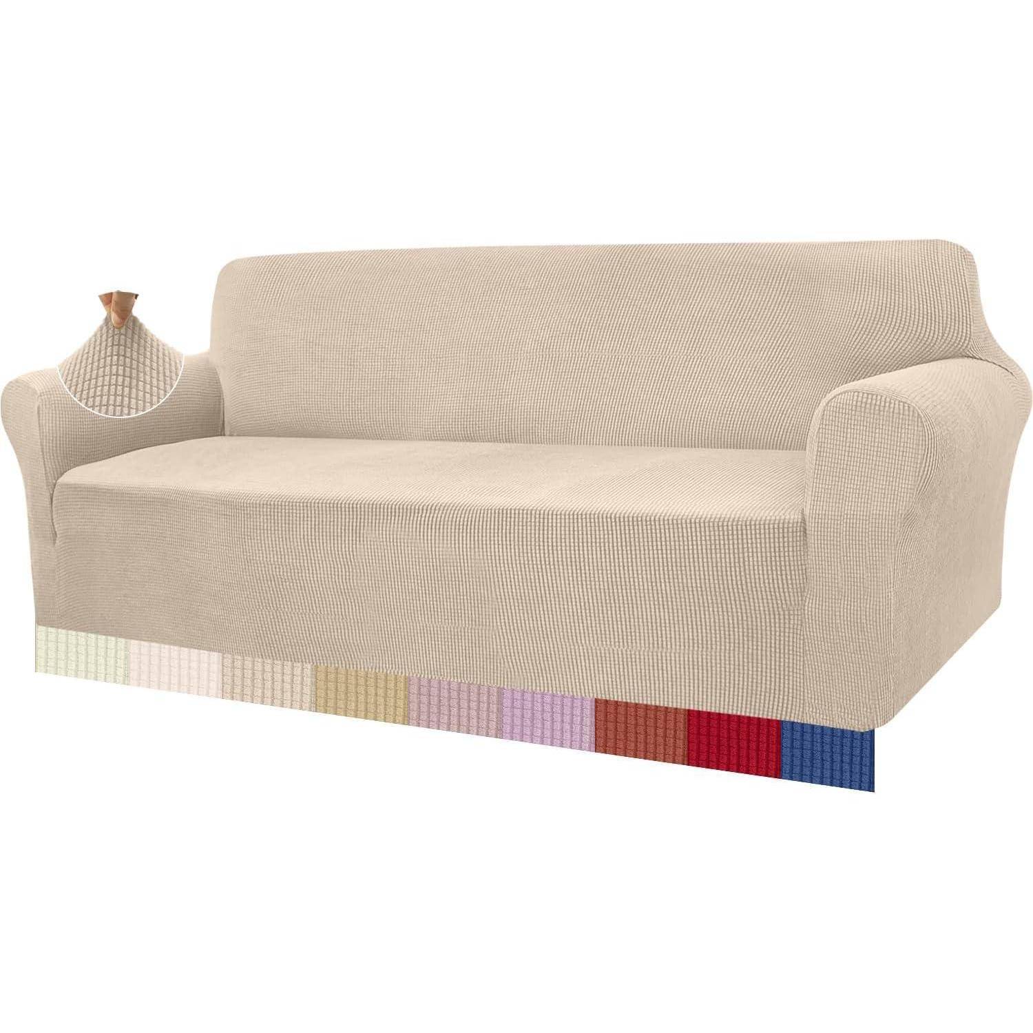 Ein beige Sofa mit einem strukturierten Überzug wird gezeigt. Darunter befindet sich eine Farbpalette, die verschiedene Überzugoptionen anzeigt.