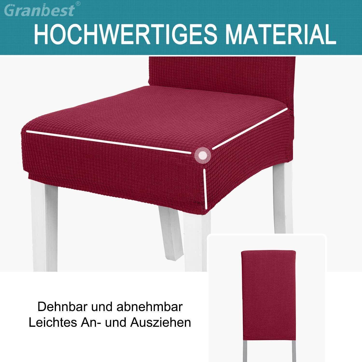 Eine rote dehnbare Stuhlhusse auf einem weißen Stuhl unter dem Text 'Hochwertiges Material', die eine einfache Installation und Entfernung veranschaulicht.