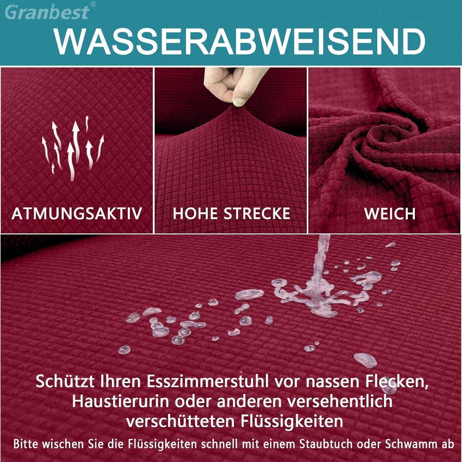 Wasserdicht, mit Eigenschaften: 'atmungsaktiv', 'hohe Dehnbarkeit', 'weich'. Zeigt Flüssigkeit, die von einem strukturierten roten Stoff abperlt.