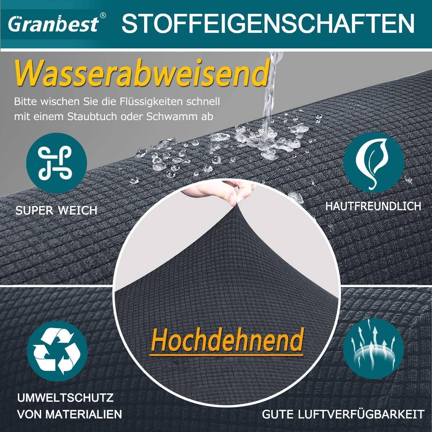 Die Grafik ist ein Infografik über Gewebeeigenschaften: wasserabweisend, super weich, hautfreundlich, umweltschützend, hochelastisch und gut atmungsaktiv.