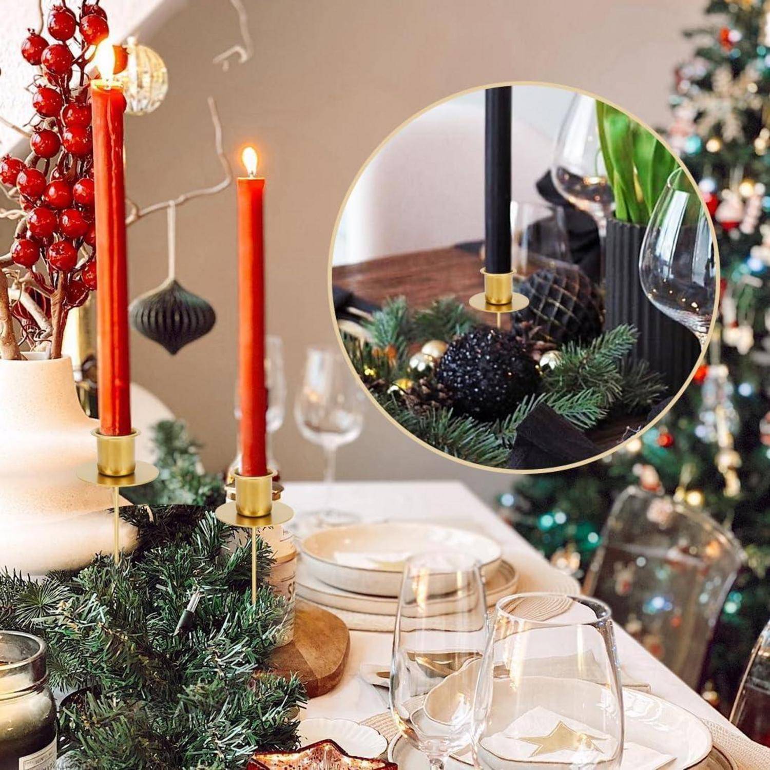 Elegante Weihnachtstisch-Dekoration mit roten Kerzen, Grünpflanzen und Gläsern. Eine Nahaufnahme im Kreis zeigt schwarze Kerzendekoration mit Grünpflanzen.
