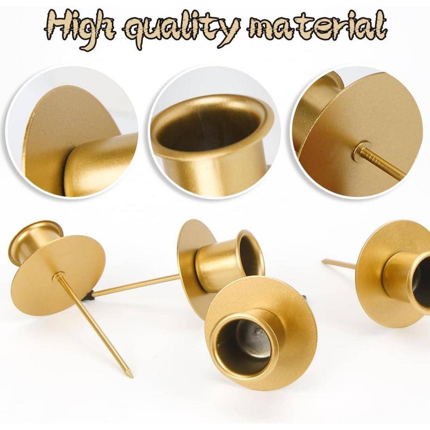 Goldene Kerzenhalter mit glatter Oberfläche, die detaillierte Ansichten von Oberseite, Unterseite und Seite zeigen und die Verwendung von 