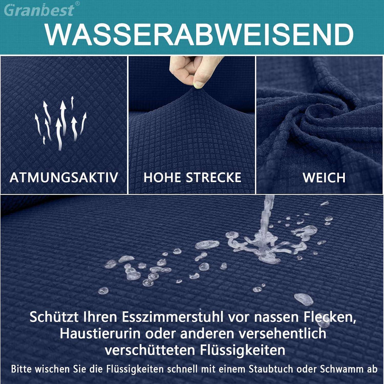Stoff mit 'Wasserabweisender' Beschichtung zeigt Wasserabweisung, Atmungsaktivität, hohe Dehnfähigkeit und Weichheit. Deutet auf schnelle Reinigung von Flecken hin.