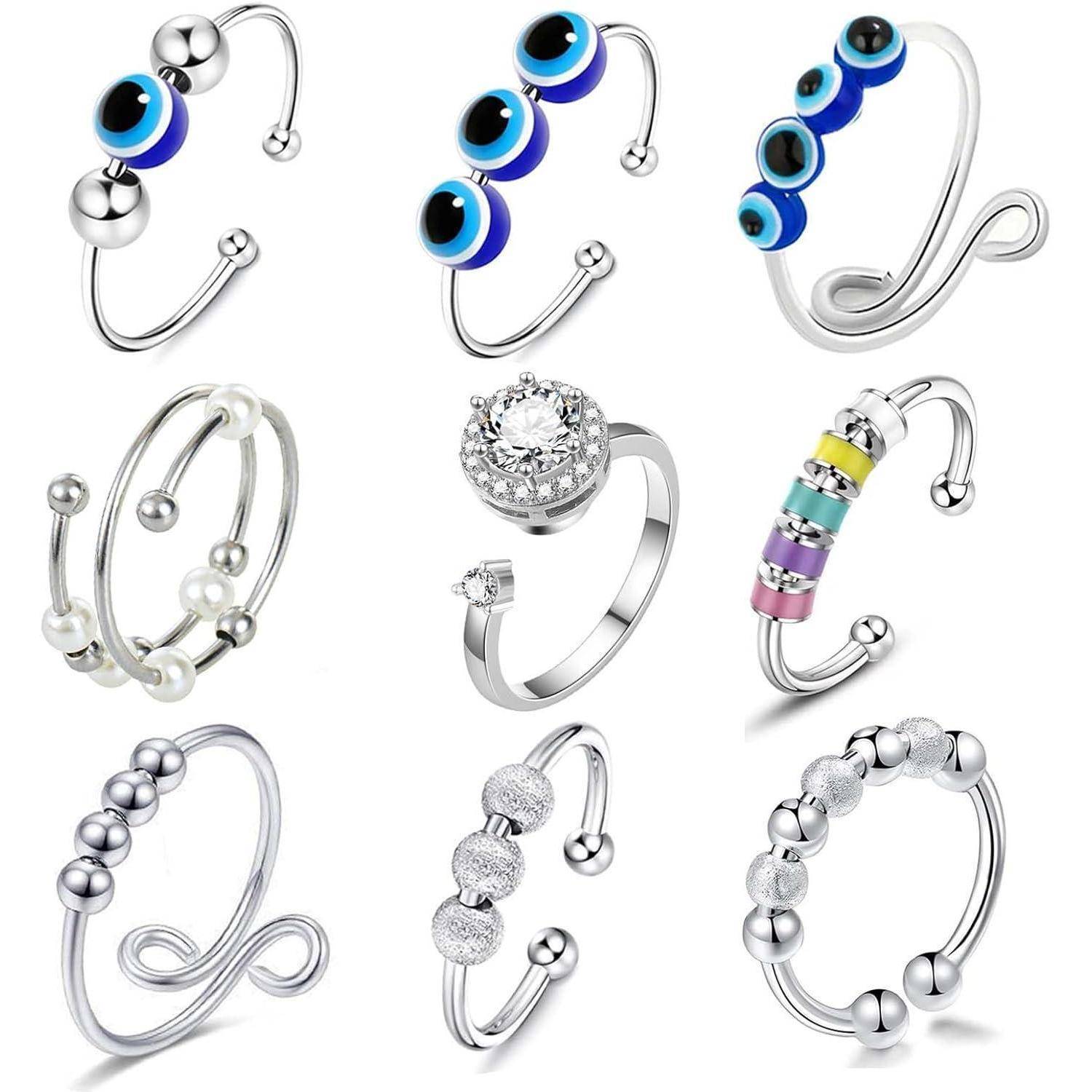 Stressring Spinner Verstellbar Diamant Silber Damen 9 Stück