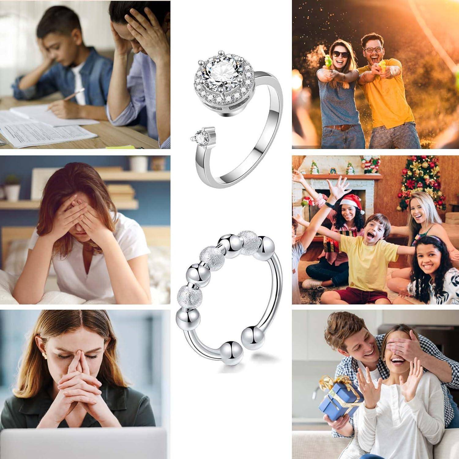 Stressring Spinner Verstellbar Diamant Silber Damen 9 Stück