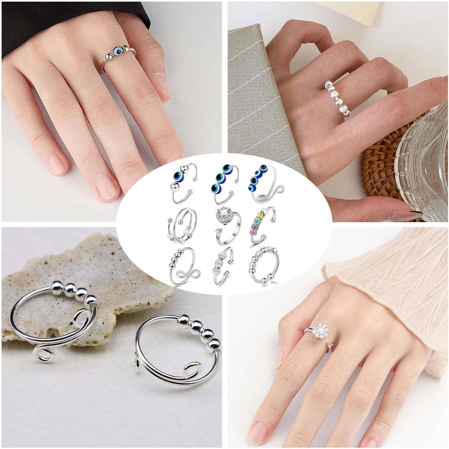Stressring Spinner Verstellbar Diamant Silber Damen 9 Stück