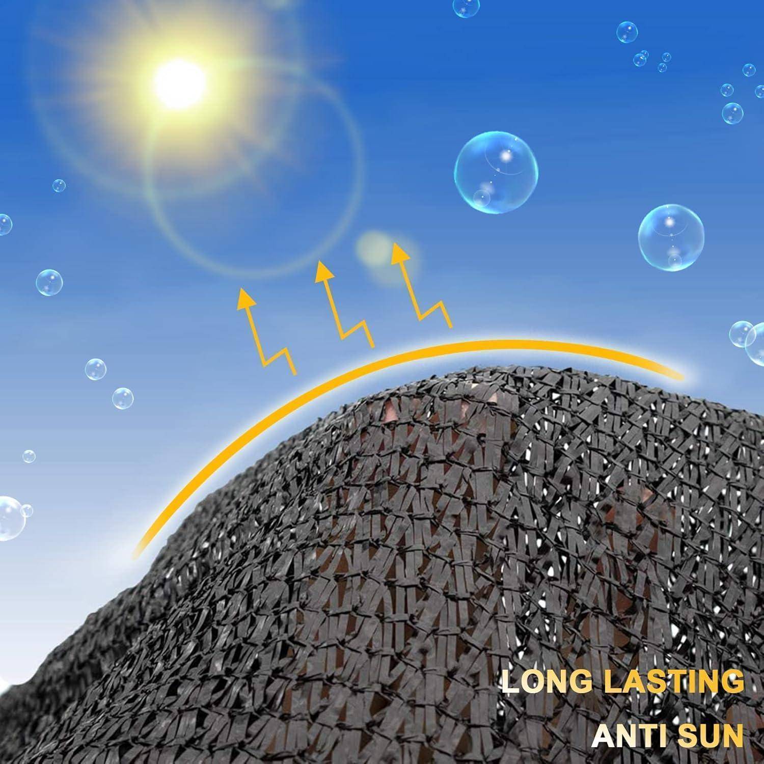 Ein Plastiknetz auf einer Oberfläche unter Sonnenlicht mit Pfeilen, die Sonnenstrahlen reflektieren. Text liest sich: 'LANGLEBIGER SONNENSCHUTZ'.