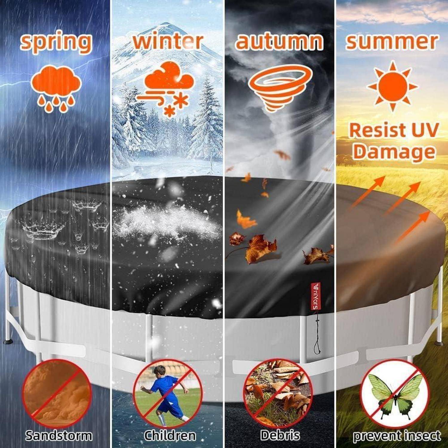Trampolin-Abdeckung für alle Jahreszeiten: schützt vor Regen, Schnee, Blättern und UV-Strahlen. Verhindert Sandstürme, Kinder, Trümmer und Insekten.