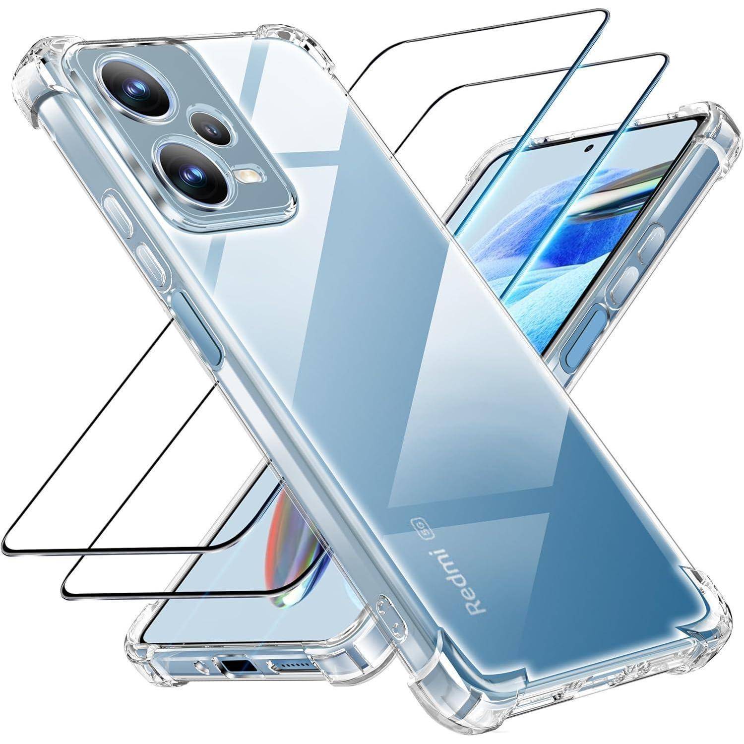 Transparente Handyhülle, die ein Smartphone mit dreifacher Rückkamera, Displayschutzfolien und sichtbarer 'Redmi'-Markierung zeigt.