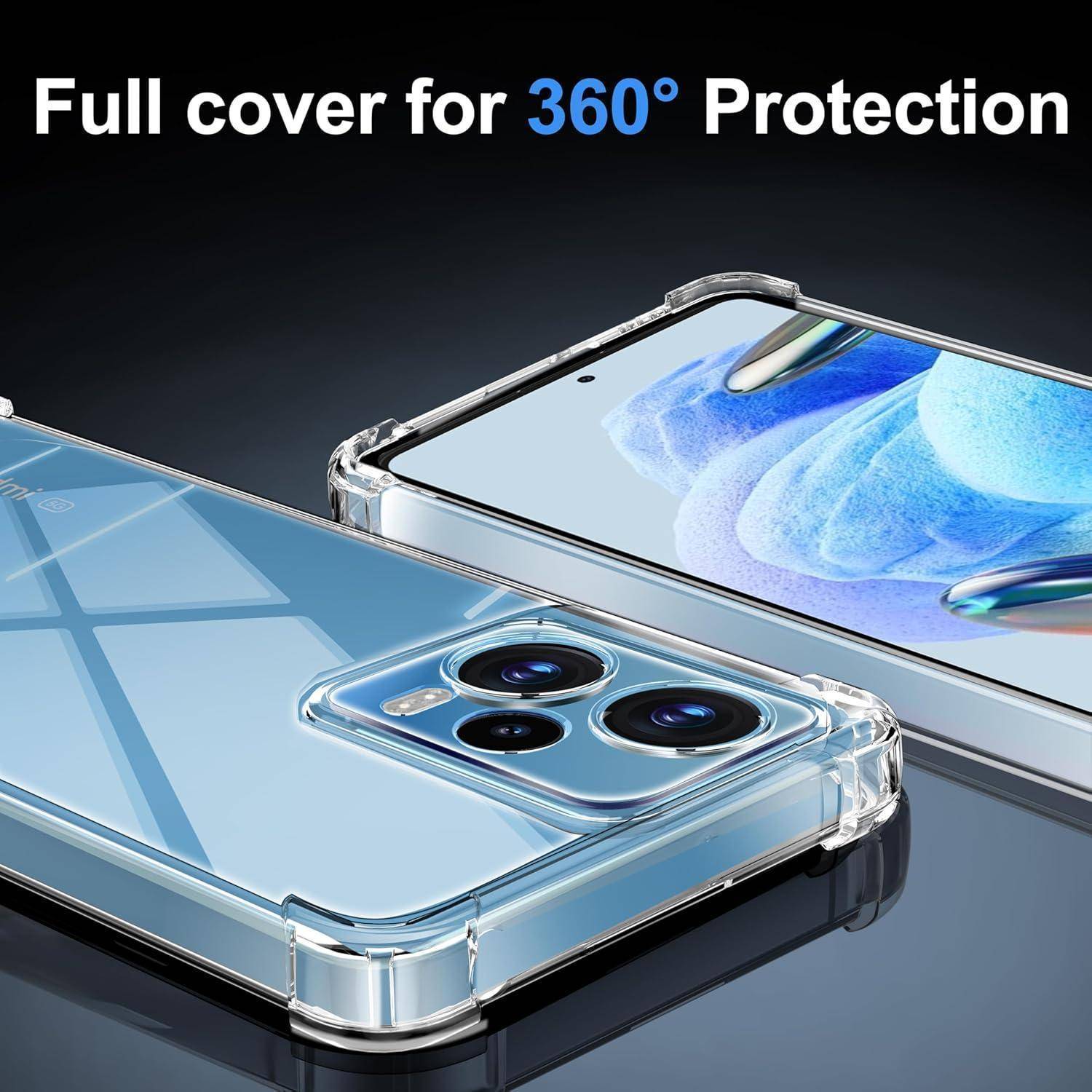 Zwei Smartphones mit durchsichtigen Hüllen, die einen vollständigen Schutz für eine 360-Grad-Rundumabdeckung zeigen. Text lautet 'Vollständiger Schutz für 360-Grad-Sicherheit'.