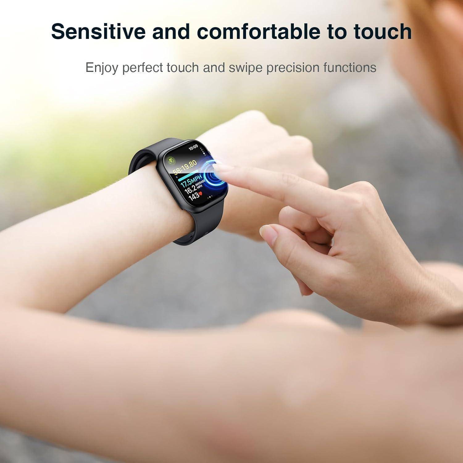 Eine Smartwatch am Handgelenk einer Person zeigt bunte Symbole. Der Text darüber lautet „Empfindlich und angenehm zu bedienen