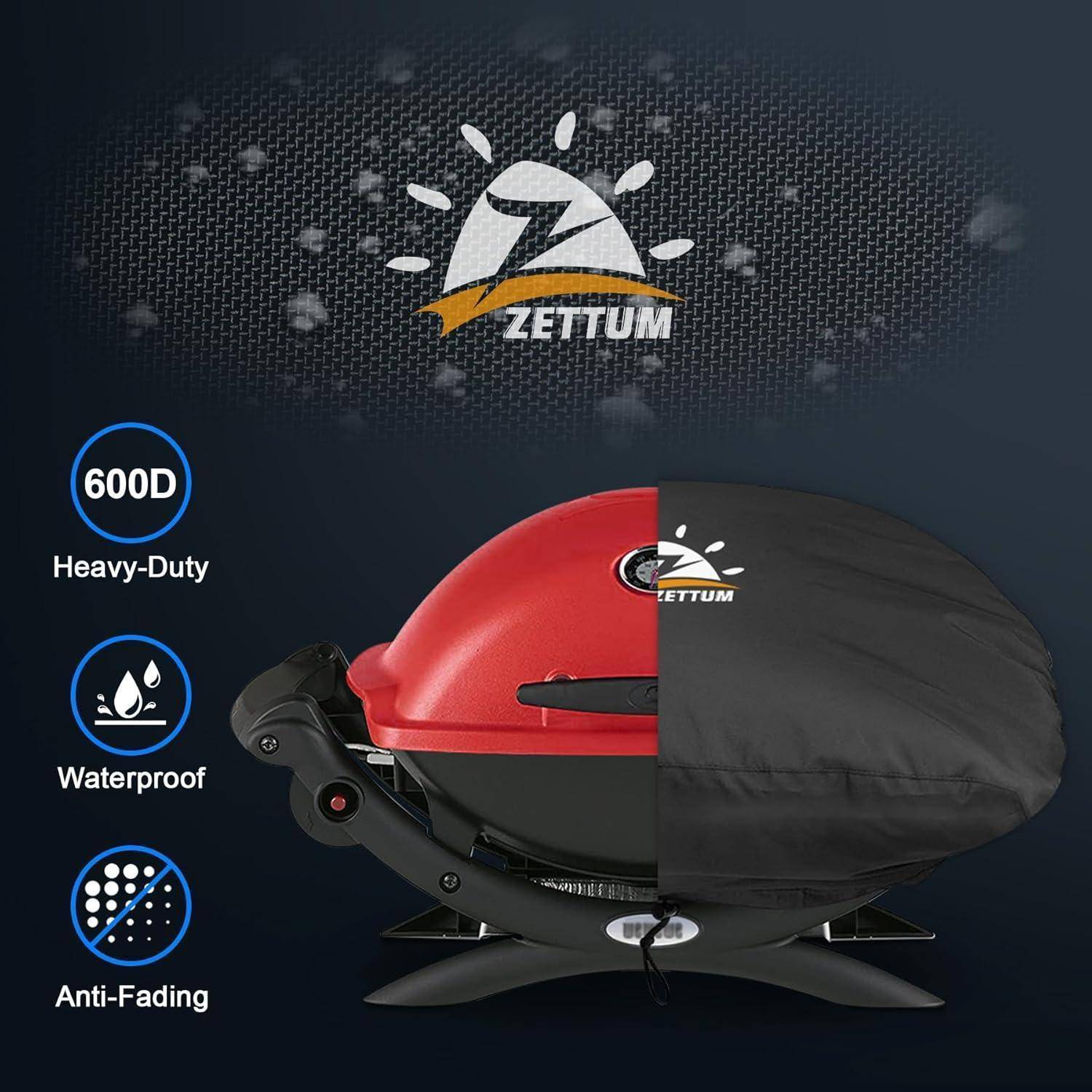 Ein roter Grill, bedeckt mit einer schwarzen Zettum-Abdeckung. Hervorgehobene Merkmale: ‚Robust', ‚Wasserdicht', ‚Verblassungsbeständig'. Markenlogo sichtbar.
