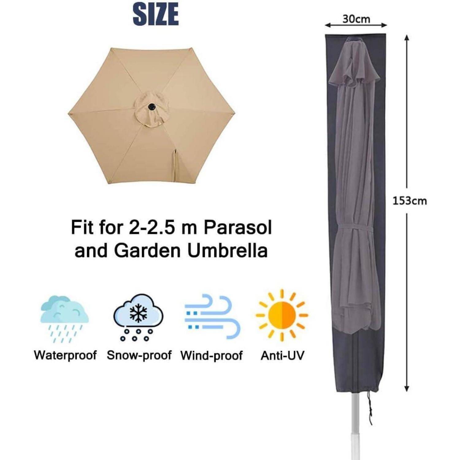 Wasserdichte, schneefeste, windbeständige, UV-abweisende braune Schutzhülle für Sonnenschirme. Passt für Gartenschirme von 2-2,5 m. Abmessungen: 153 cm Höhe, 30 cm Breite.