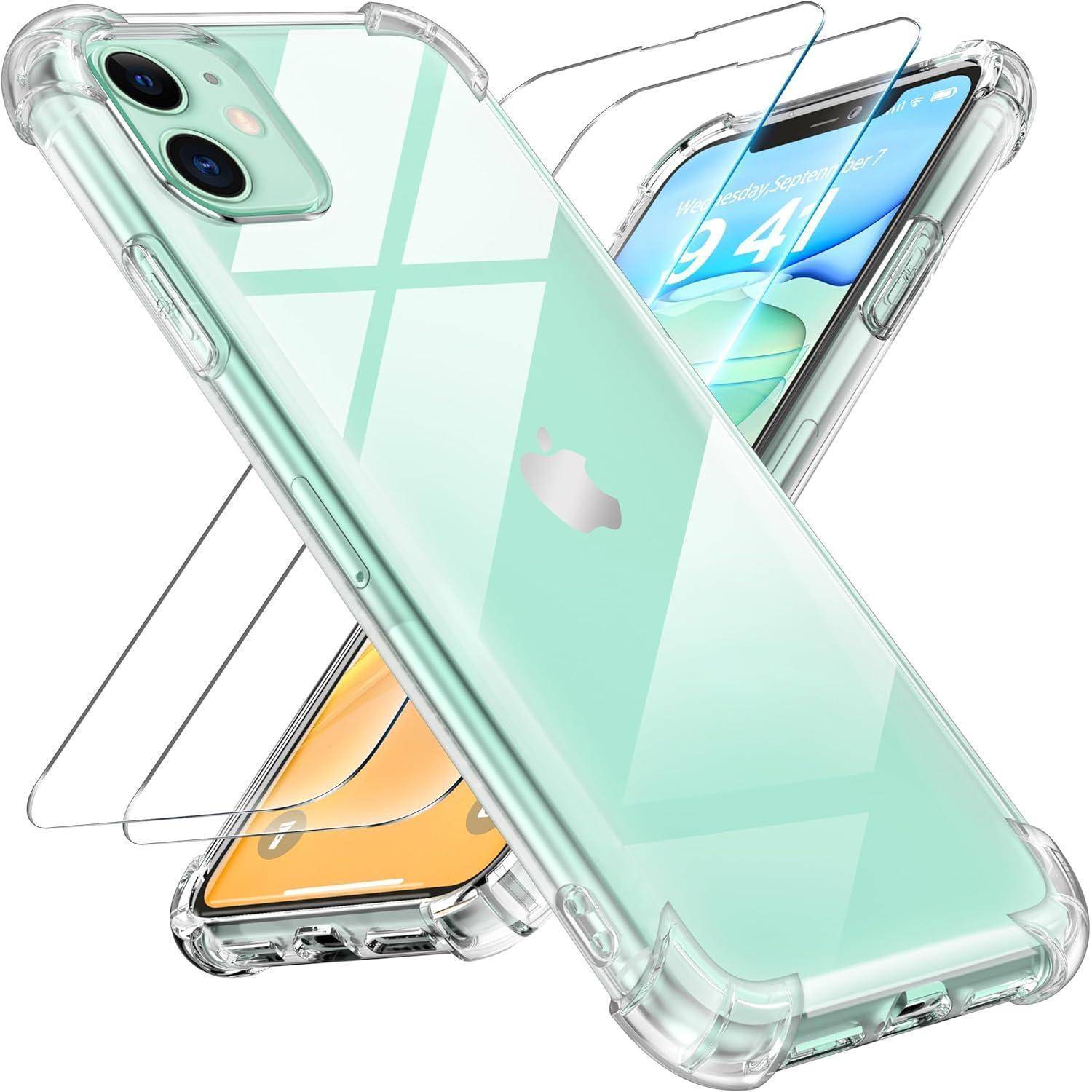 Zwei Smartphones mit transparenten Hüllen, eines grün und eines orange, mit auf den Bildschirmen angebrachten Displayschutzfolien.