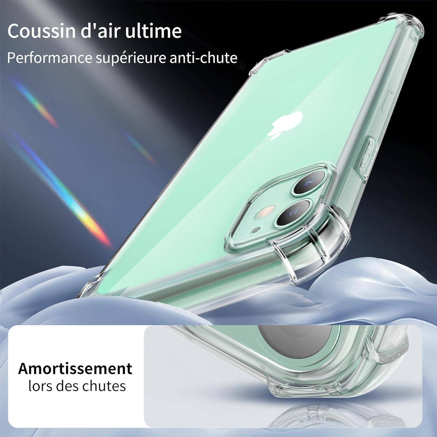 Eine transparente Handyhülle auf einem mintgrünen Smartphone, mit Betonung auf ‚Ultimate Air Cushion' und ‚Überlegene Sturz-Schutzleistung'.