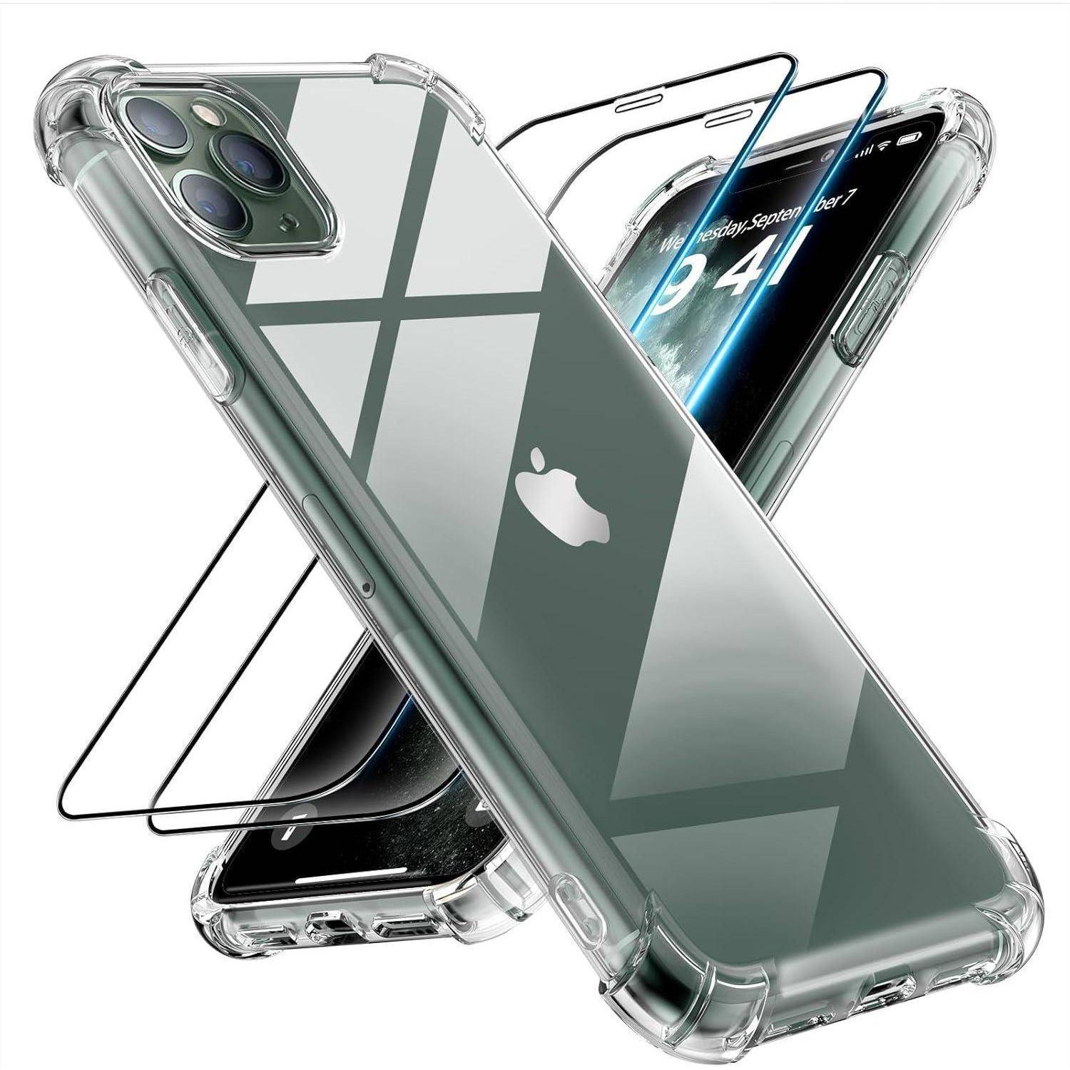 Transparente Smartphone-Hülle, die die Rückseite des Telefons mit einem Logo zeigt, zusammen mit einem gebogenen Displayschutz darüber.