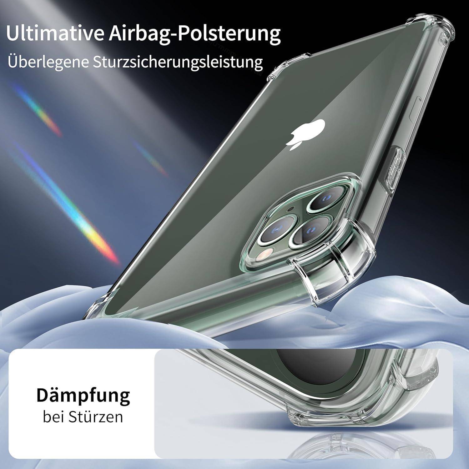 Ultimative Airbag-Polsterung' Handyhülle mit Stoßdämpfungsfunktion. Transparentes Design zeigt die Rückseite des Telefons. Deutsche Beschriftung beschreibt den Schutz.
