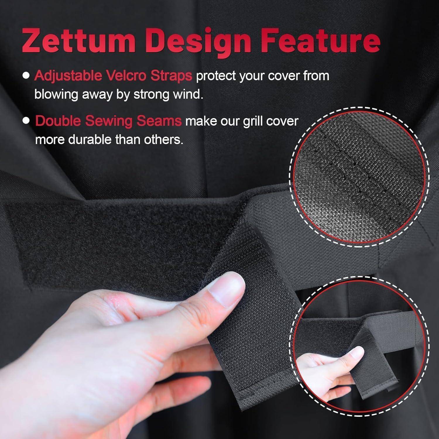 Zettum Design Feature' hebt verstellbare Klettbänder und doppelte Nähte an einer Grillabdeckung für Windschutz und Haltbarkeit hervor.
