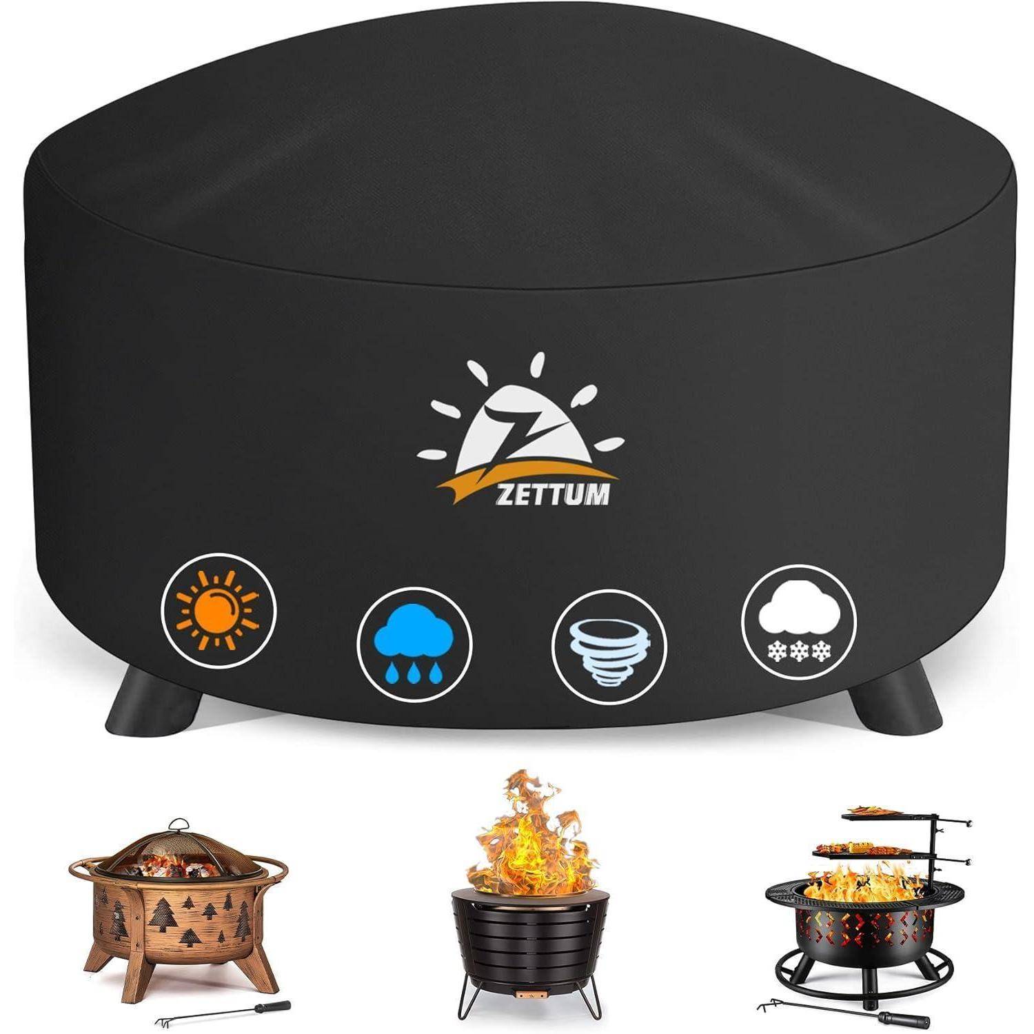 Schwarze Feuerstellen-Abdeckung mit 'ZETTUM'-Logo und Wettericonsets, die Schutz vor Sonne, Regen, Wind und Schnee anzeigen. Darunter befinden sich Bilder verschiedener Feuerstellen.