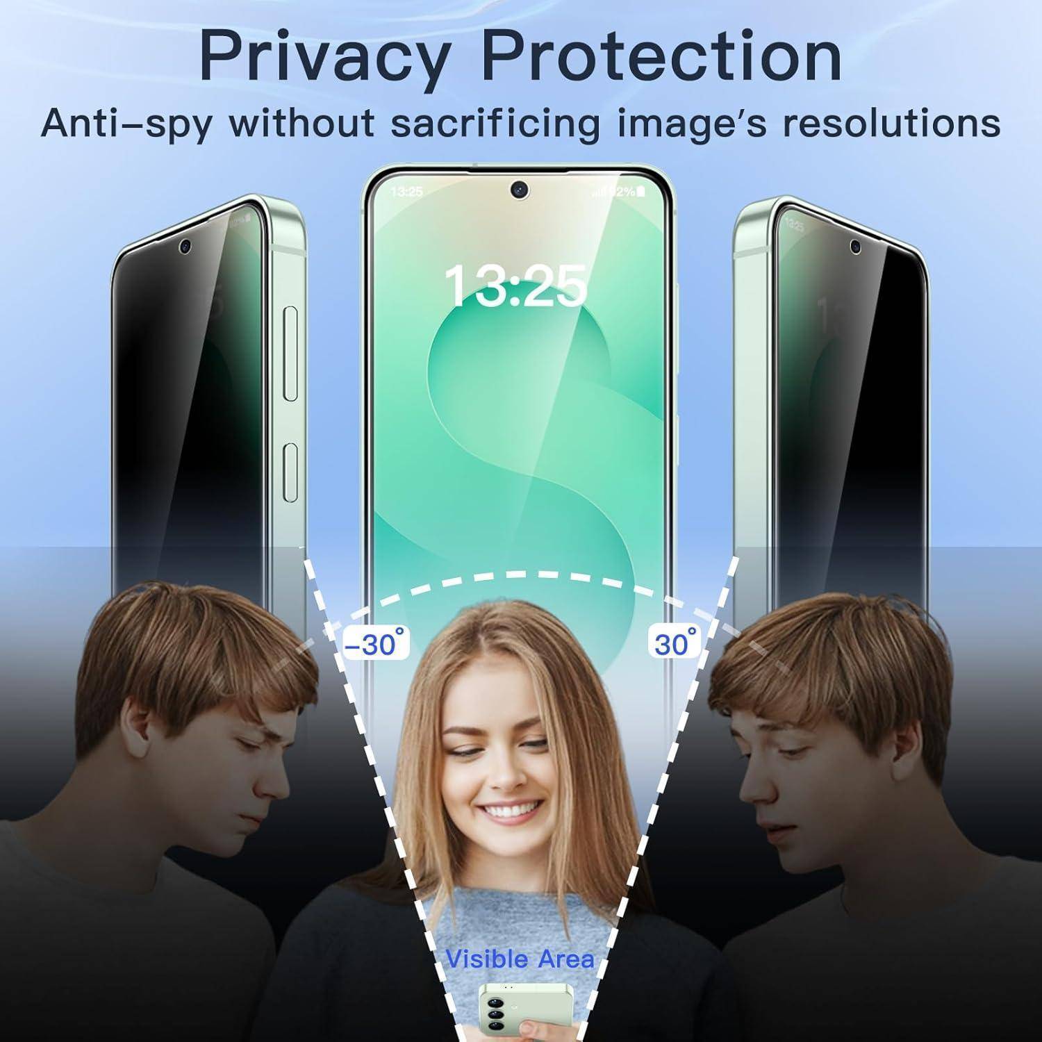 Eine Person in der Mitte benutzt ein Smartphone mit sichtbarem Bildschirm, flankiert von zwei Personen, deren Sicht verdeckt ist, was den Schutz der Privatsphäre veranschaulicht.