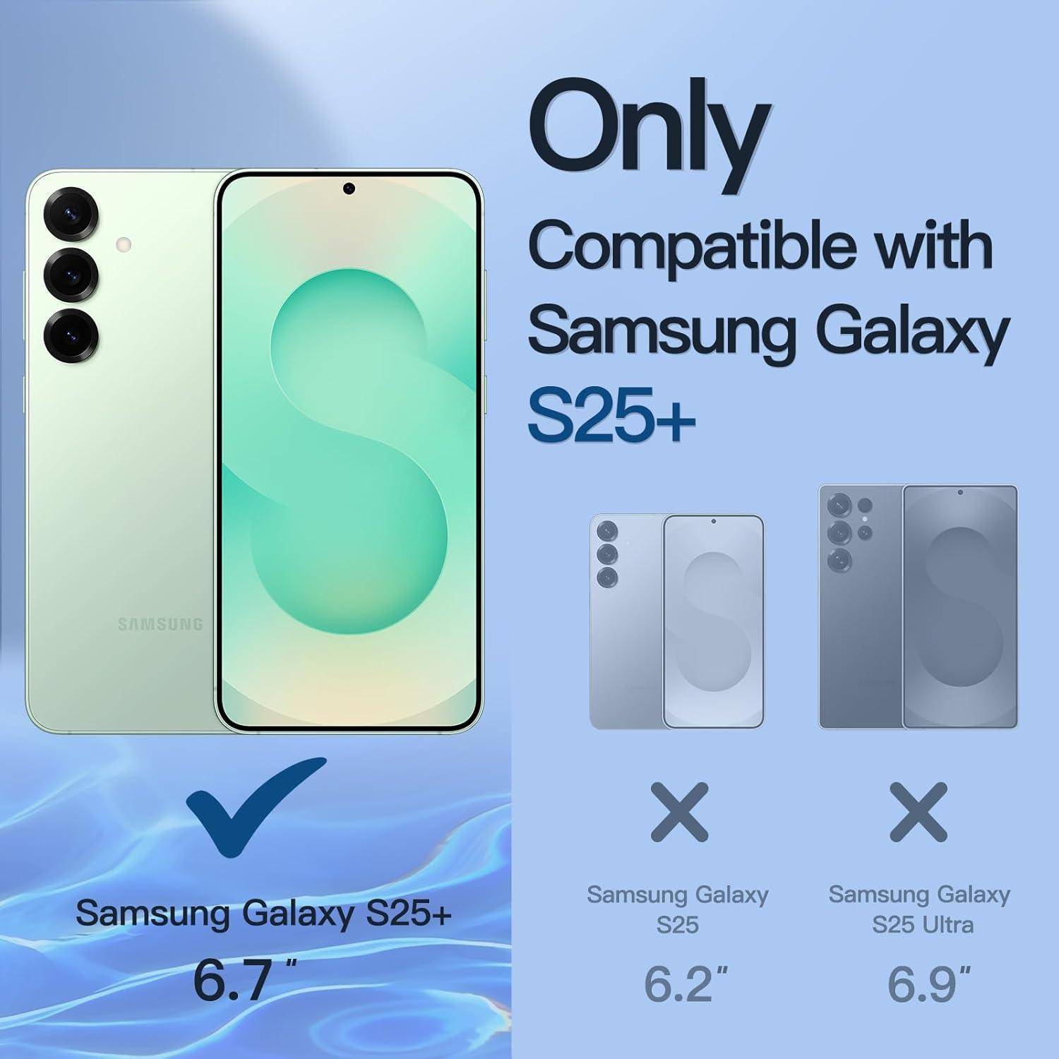Bild, das das Samsung Galaxy S25+ mit einem 6,7-Zoll-Bildschirm zeigt. Text lautet: 