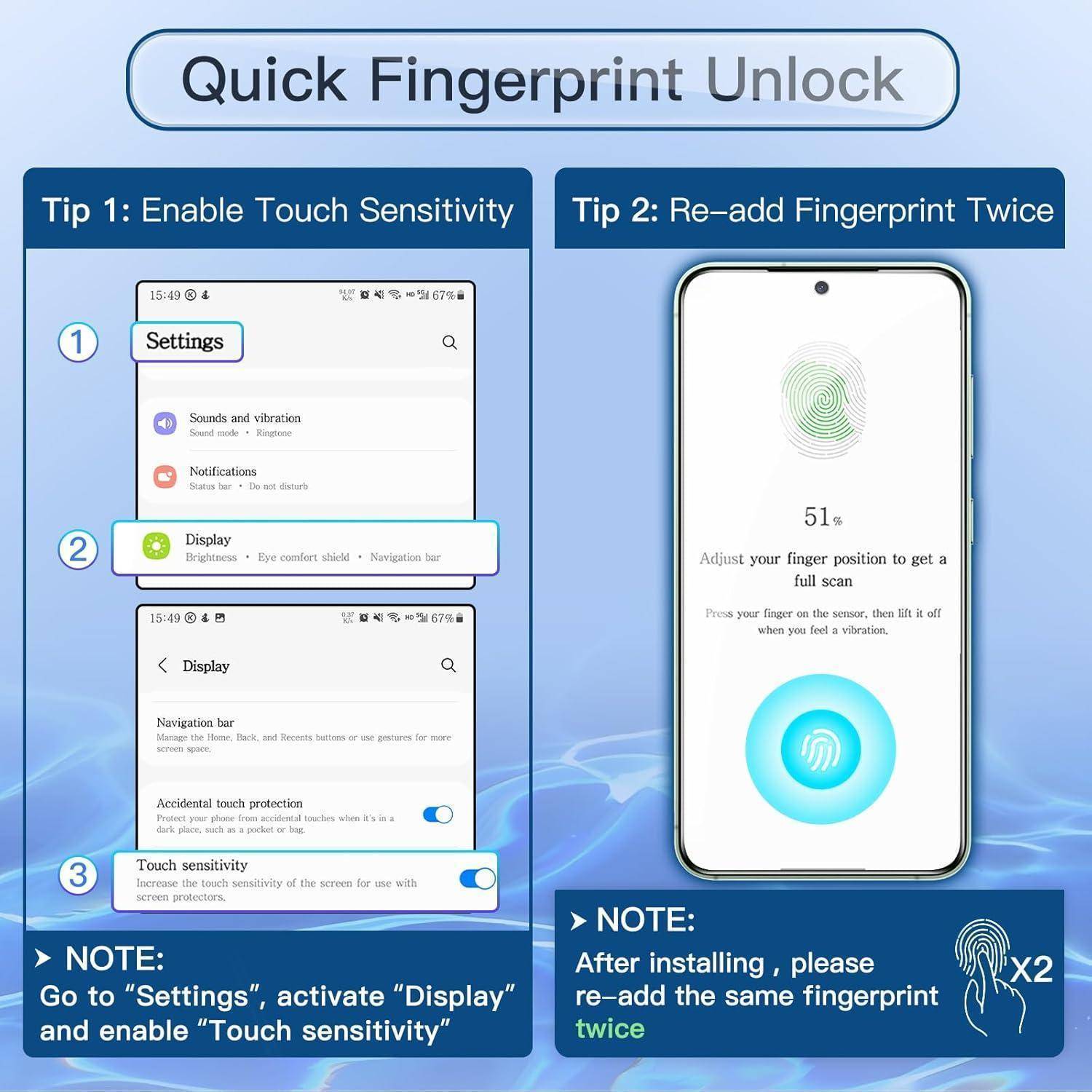 Schnelle Fingerabdruck-Entsperrung' Anleitung: 1) Aktivieren Sie die Touchempfindlichkeit über 'Einstellungen > Anzeige'. 2) Fügen Sie den Fingerabdruck auf Ihrem Telefon zweimal neu hinzu.