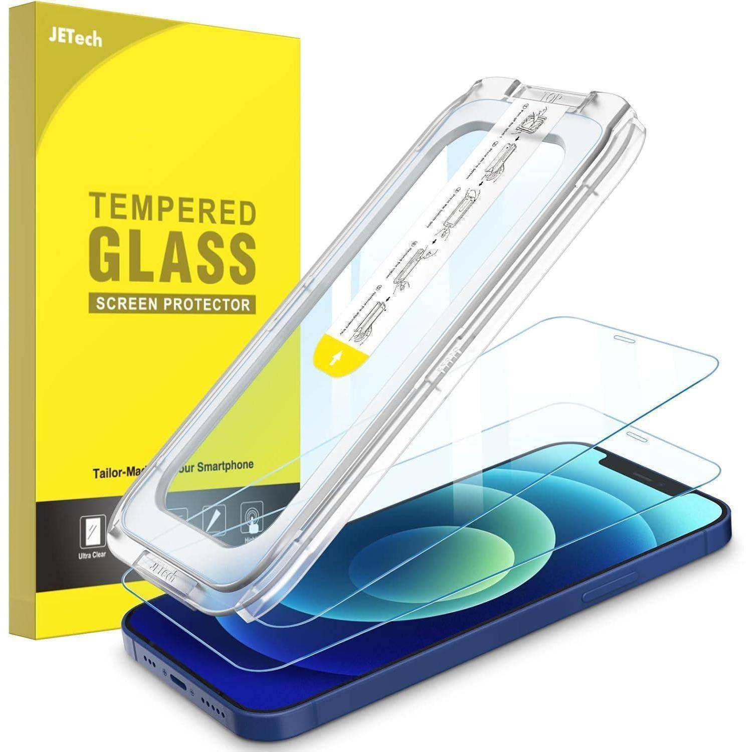 Verpackungs- und Installationsset für den JETech Displayschutz aus gehärtetem Glas für ein Smartphone.