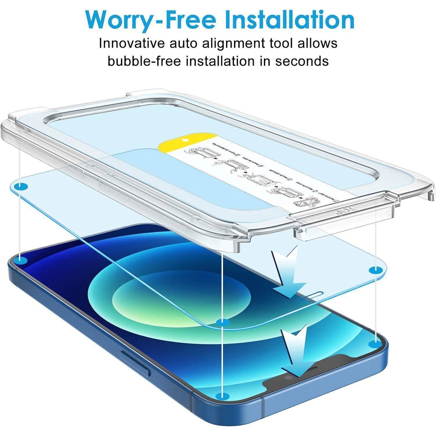 Diagramm, das ein zweiteiles Telefon-Schutzwerkzeug zur Installation zeigt, mit blauen Pfeilen, die die Ausrichtung und Platzierung für eine einfache, blasenfreie Einrichtung kennzeichnen.