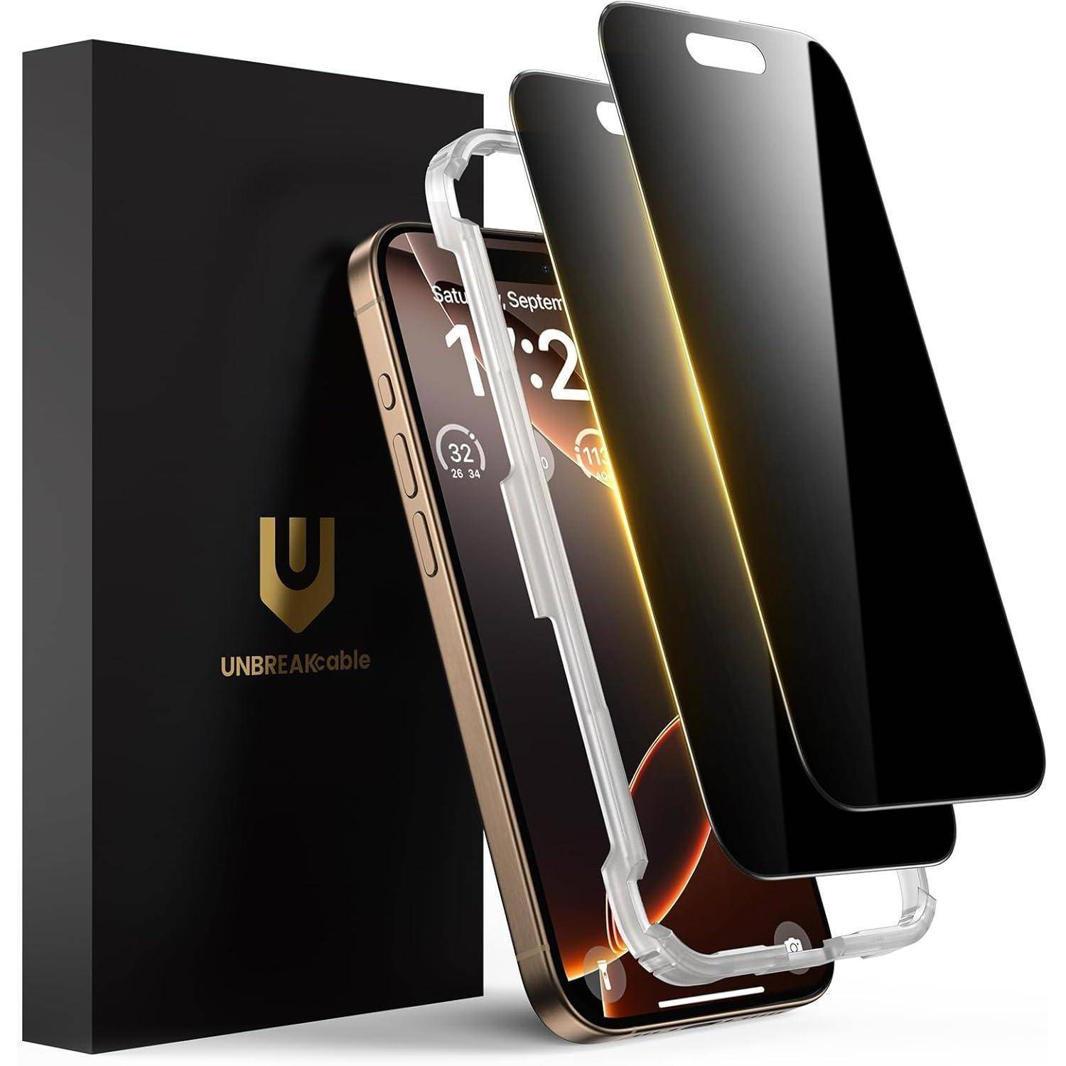 Handyhülle Verpackung zeigt einen schlanken schwarzen Displayschutz und eine durchsichtige Schutzhülle für ein Smartphone. Auf der Box steht 'UNBREAKcable.