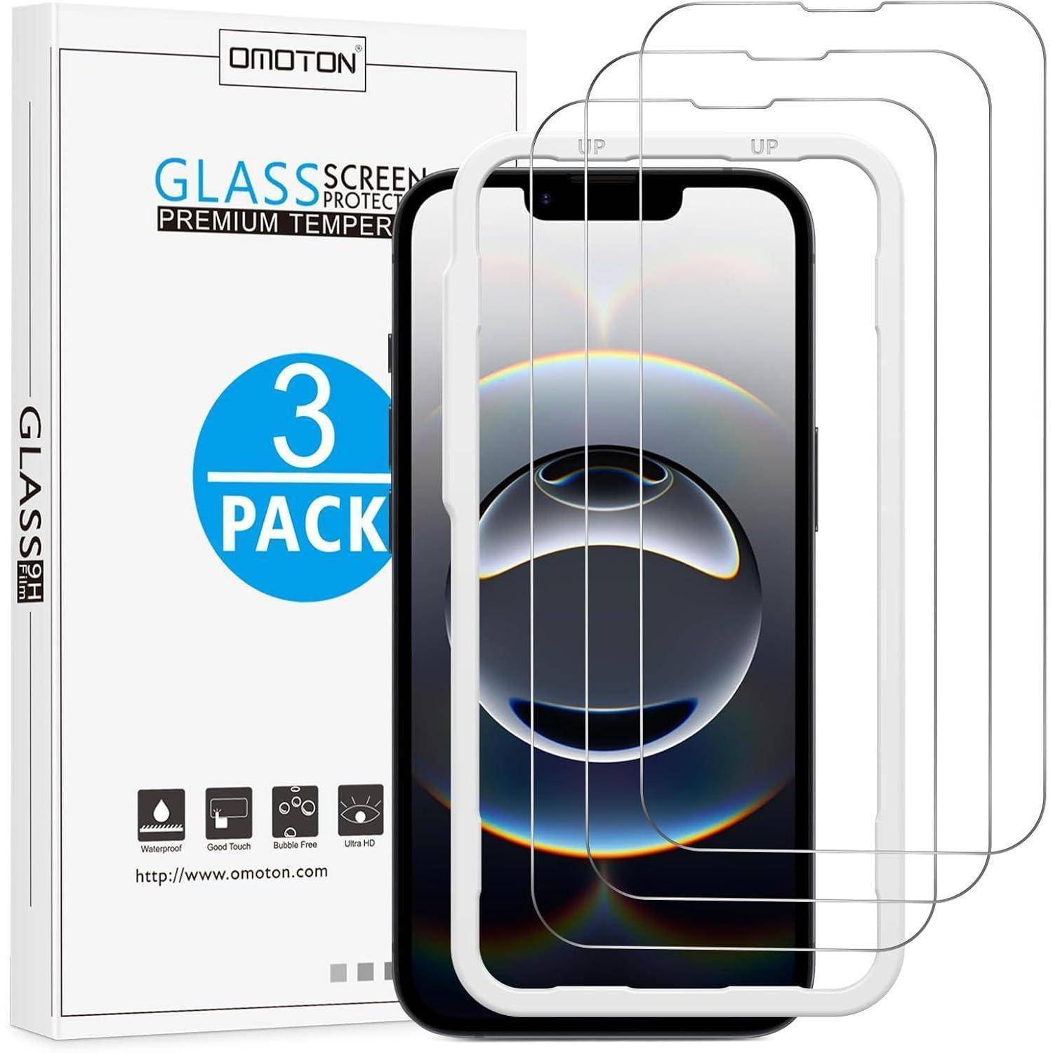 Smartphone-Bildschirmschutzfolie, Paket mit drei Panzerglas-Displayschutzfolien, die zusammen mit einem Smartphone präsentiert werden. Verpackung im Hintergrund sichtbar.