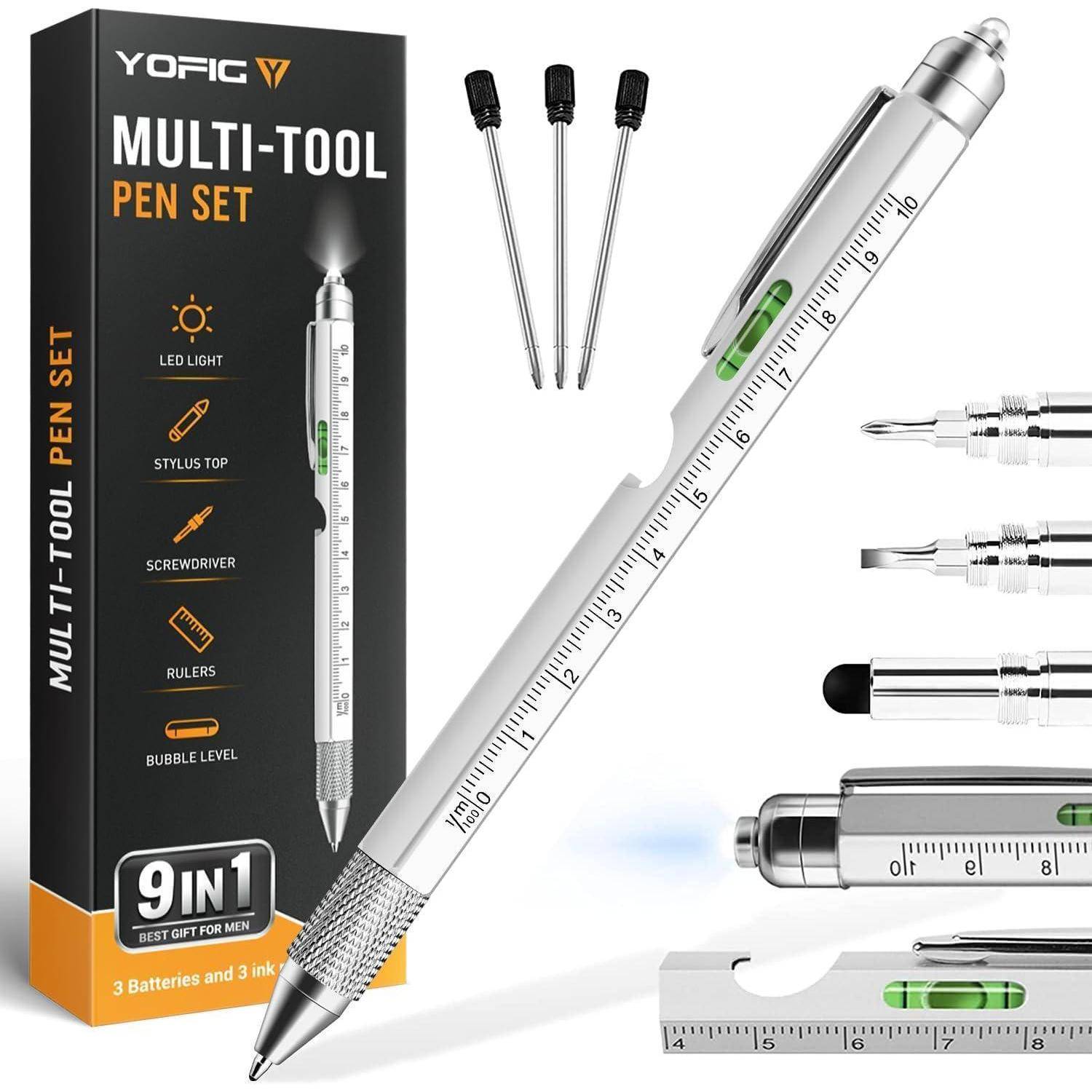 Das Bild zeigt ein Yofic 9-in-1 Multifunktionswerkzeug-Stift-Set, das Werkzeuge wie einen Stylus, einen Lineal, einen Schraubendreher und einen Stift umfasst. Die Verpackung hebt die Funktionen hervor.