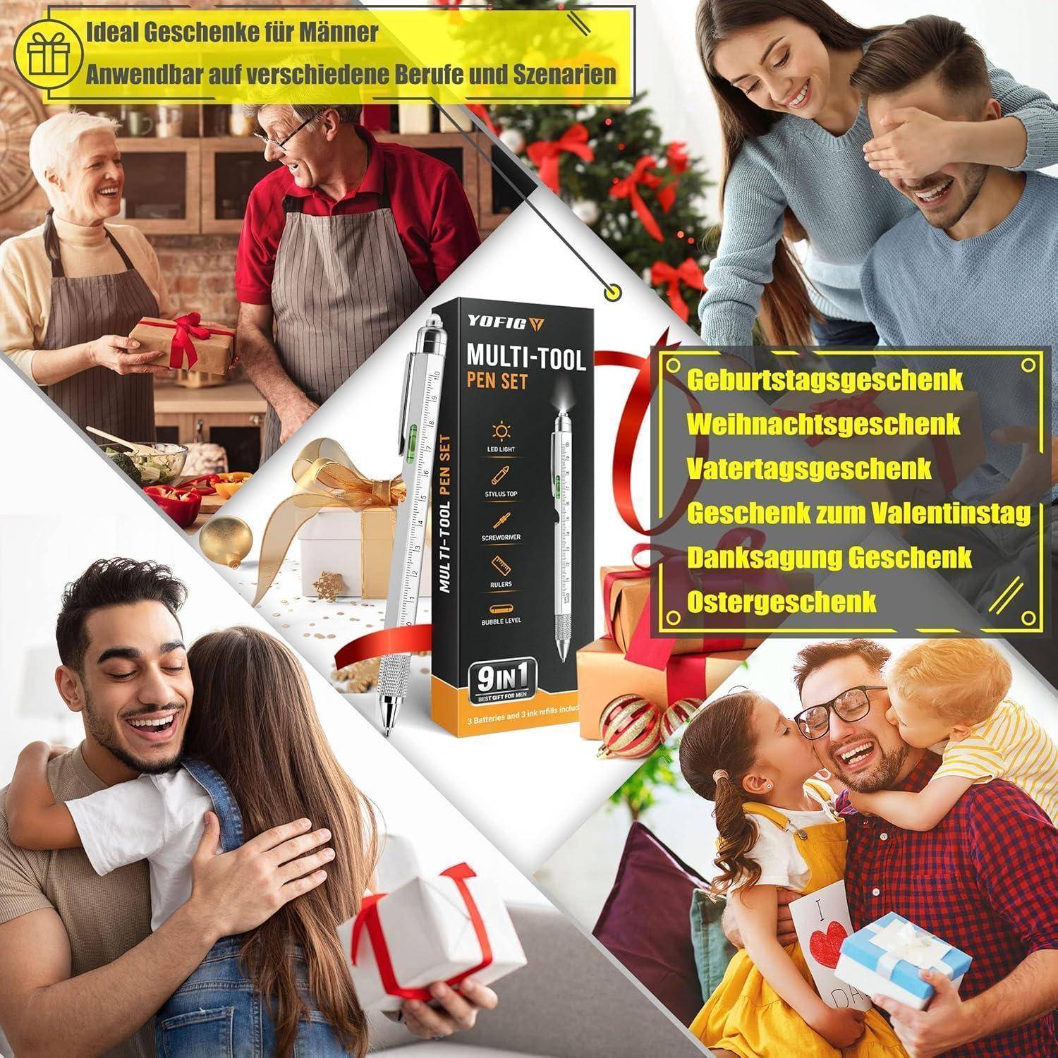 Eine Collage von Geschenkübergabe-Szenen mit Familien und Freunden, die Geschenke austauschen und dabei ein '9-in-1 Multi-Tool Stift-Set' als ideales Geschenk hervorheben.