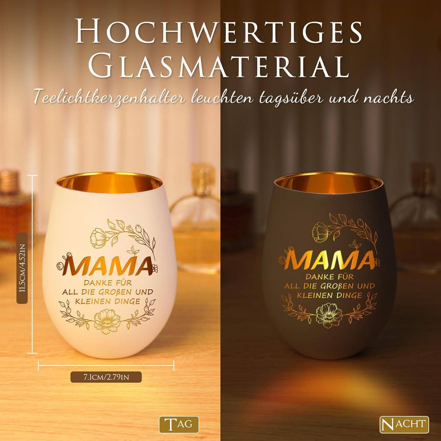 Ein Teelichthalter mit dem Wort 'MAMA' und einem Blumenmotiv, dargestellt in einer Tag- und Nachtsituation, der seinen Glanz veranschaulicht.