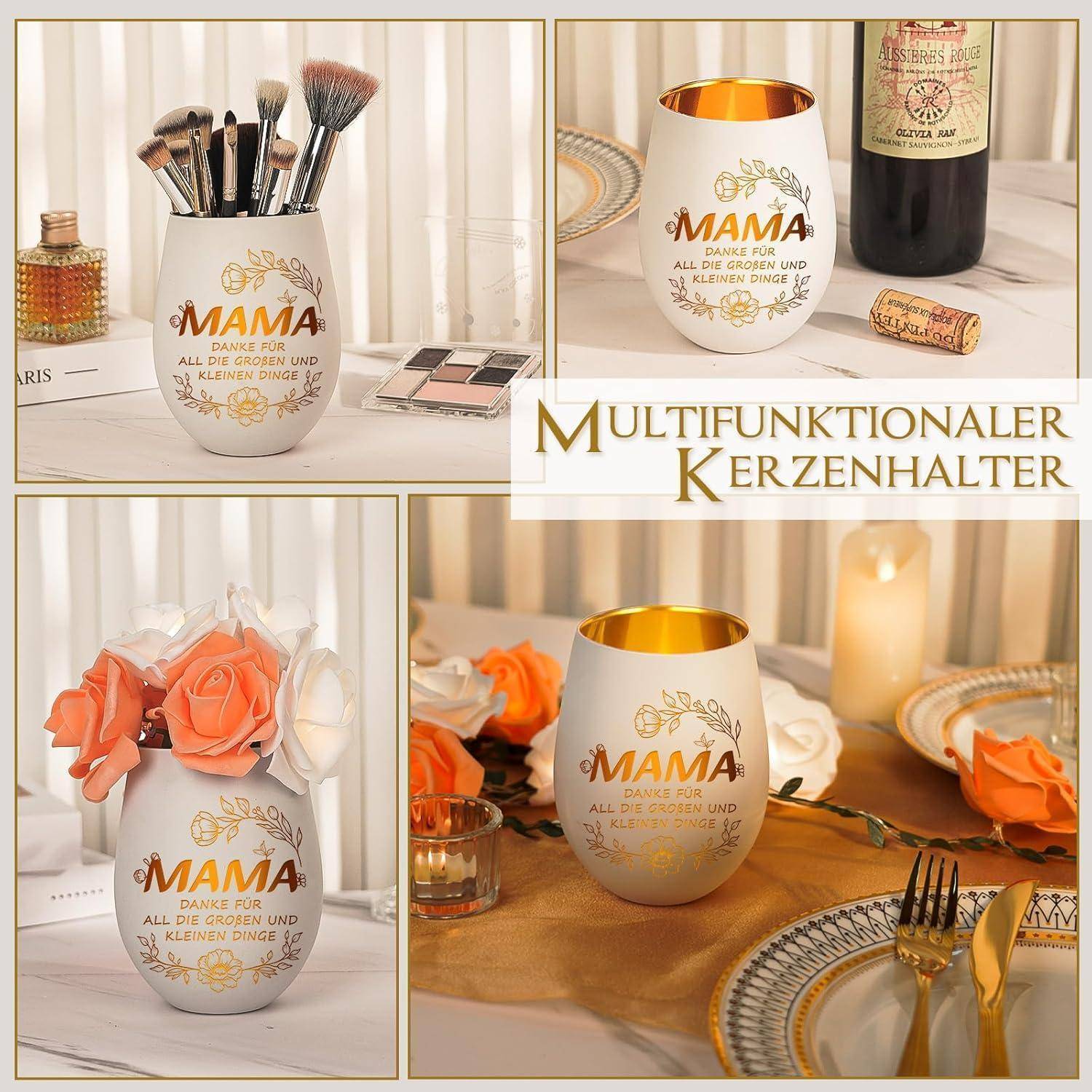 Multifunktionaler Kerzenhalter, der als Aufbewahrung für Make-up-Pinsel, Blumen und Tischdekoration verwendet wird. Text lautet: 