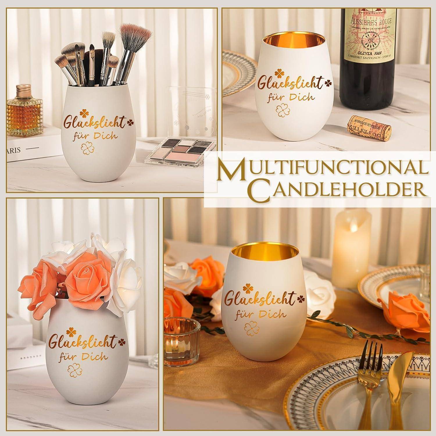 Multifunktionaler Kerzenhalter, präsentiert als Makeup-Pinselhalter, Vase mit Blumen, Kerzenhalter und dekorative Tischdekoration.