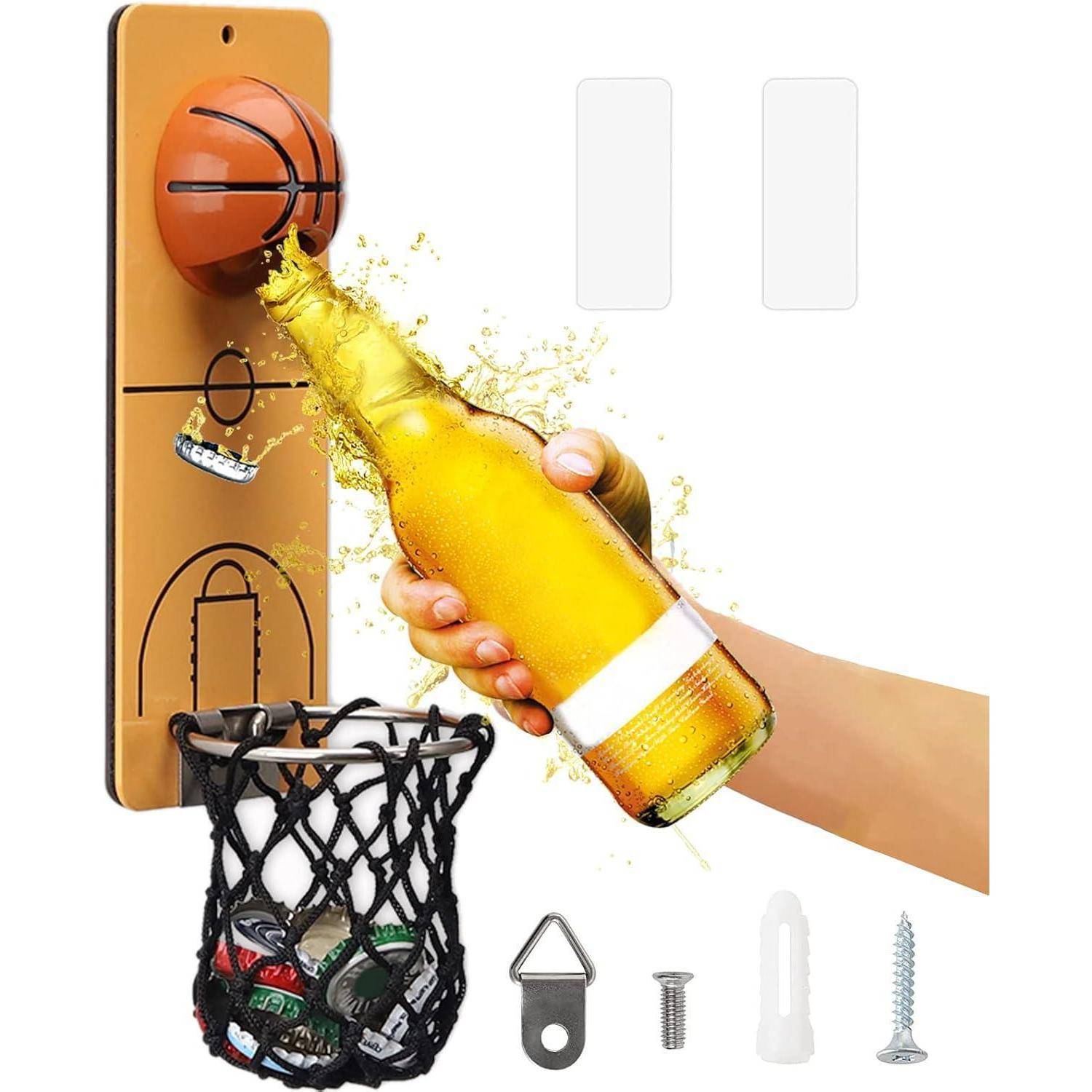 Wandmontierter Basketball-thematischer Flaschenöffner, Bierflasche wird geöffnet, Deckel fällt in das Mini-Netz darunter; inklusive Montagezubehör.