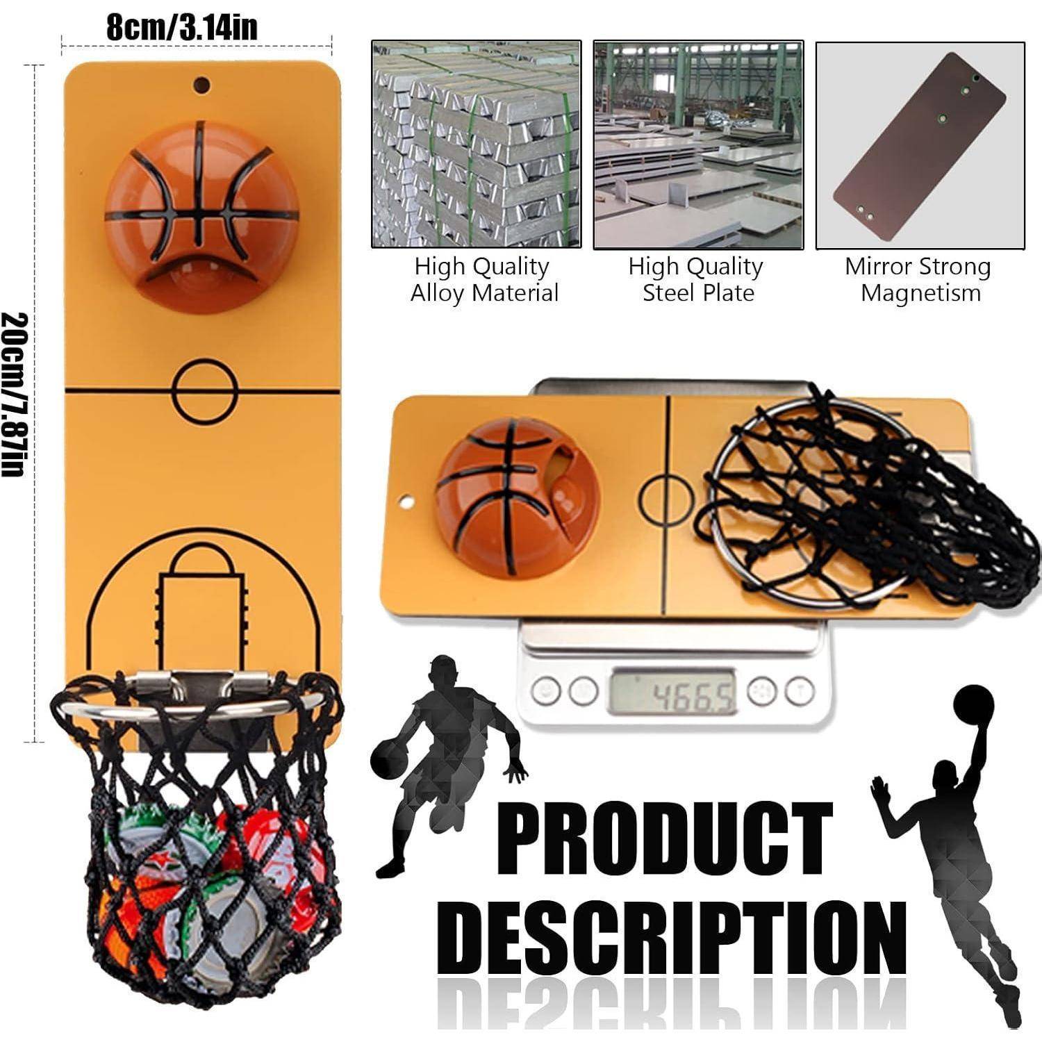 Ein Mini-Basketball-Hoopset enthält einen orangefarbenen Basketballkorb mit Netz, eine magnetische Tafel und einen Maßstab von 4,65 Einheiten. Zusätzliche Bilder zeigen Materialien und Merkmale.